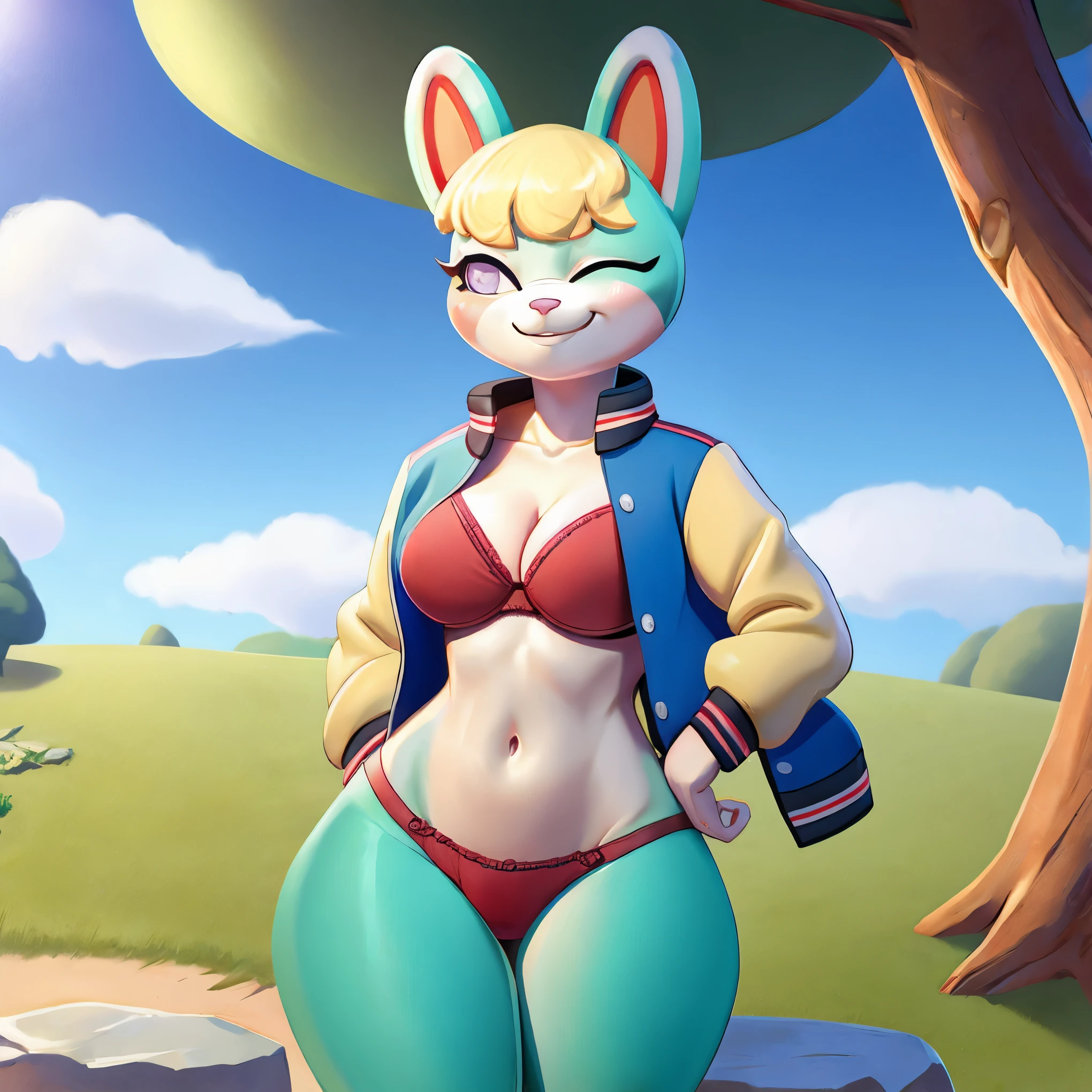masterpiece, best quality, (solo :1.3), rule 63, female sasha \(animal crossing\), outside, rock, (winking, one eye closed), cloud, sky, tree, animal crossing, upper body, smile, blue letterman jacket, blue topwear, (green fur | blue fur), blonde, (Red bra), Red Panties, wide hips. Medium breasts, wide hips, artist: drako1997