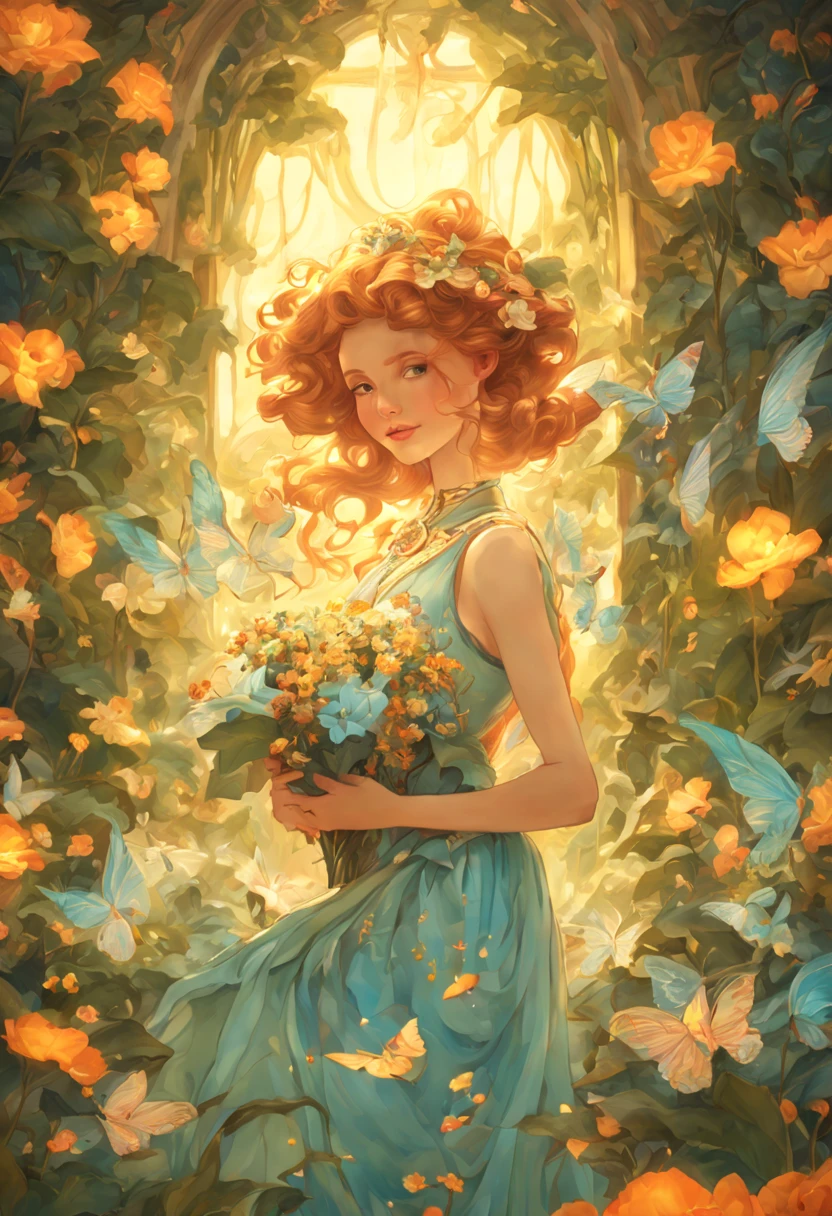 heaven, heaven, light, shine, happiness, bright smile, Sparkling, flowers, flower garden, Hello, cloud heaven, heaven, light, shine, happiness, bright smile, Sparkling, flowers, flower garden, Hello, 雲 Close-up of a poster of a woman holding a book, Art deco painting by Rubin Borgin, deviant, art nouveau, art nouveau tarot style, art nouveau tarot, Alphonse Mucha, Flat Shading Mucha, art nouveau card, sam guay, in art nouveau style, art nouveau illustration, art nouveau portrait, new art, Alsphons, Contains no  elementasterpiece,((Clean glass,Shine:1.2,(Transparent:1.3),The sheen)),Best quality,( pixar-style :1.4),(In a cave, At night, Surrounded by glowing plants, Flowers, Flying fireflies, bonfires)(Ultra detailed, Aesthetic, Beautiful composition, rich in bright colors, volumetric soft light)4K,Reflection in the water,water ripple Inspired by Alice in Wonderland, magic, Fairy tales. unreal-engine, rendering by octane, cuteness render, a 3D render，Adobe Photoshop, Awesome beaut、