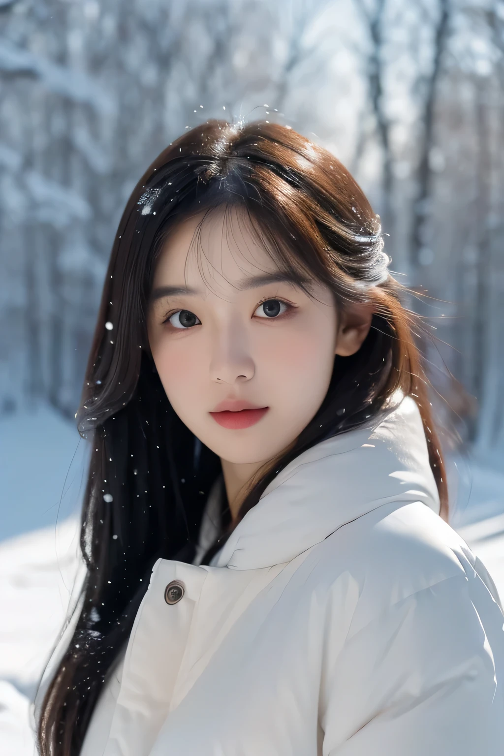 A young woman stands quietly, snow kissed forest, Her eyes are introspective and distant. The scene is captured in a digital art style，Combining the influence of anime with the crisp clarity of professional photography. Vibrant colors and high contrast define the image, The snow-white background is detailed enough，Can display individual snowflakes. The composition is well planned，to imitate the precision of a photographer, Use a balanced perspective to draw attention to your subject. Lighting is subdued but well thought out, Mimics the diffused glow of winter, Subtle shadows appear in the scene，to enhance depth and realism. Calm and introspective, Invite the audience into a moment frozen in time, Quiet and vast，But the depiction of the subject is intimate..