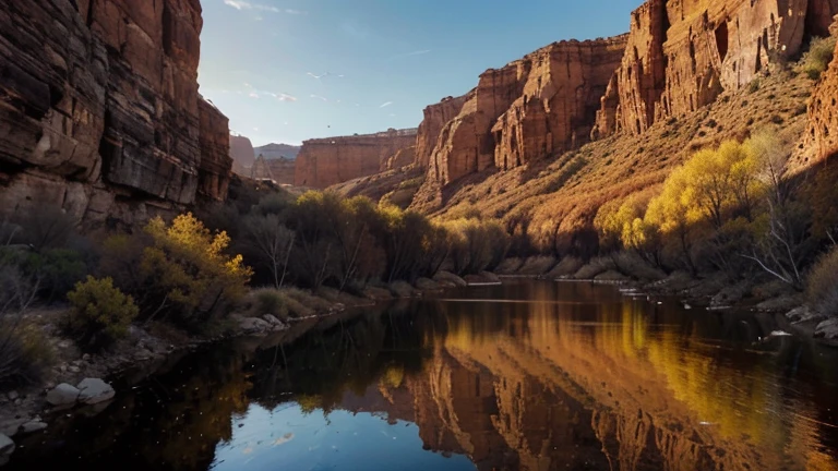 Un canyon profond et spectaculaire, Red and ocher cliffs rise on either side of a winding river. Rock strata offer interesting shapes and textures, while birds of prey soar through the sky in search of their next meal. The colors of the sunset are reflected in the water, creating amazing reflections. Image au format 3840 x 2160 pixels.