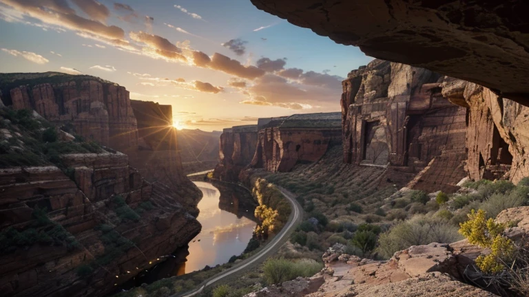 Un canyon profond et spectaculaire, Red and ocher cliffs rise on either side of a winding river. Rock strata offer interesting shapes and textures, while birds of prey soar through the sky in search of their next meal. The colors of the sunset are reflected in the water, creating amazing reflections. Image au format 3840 x 2160 pixels.