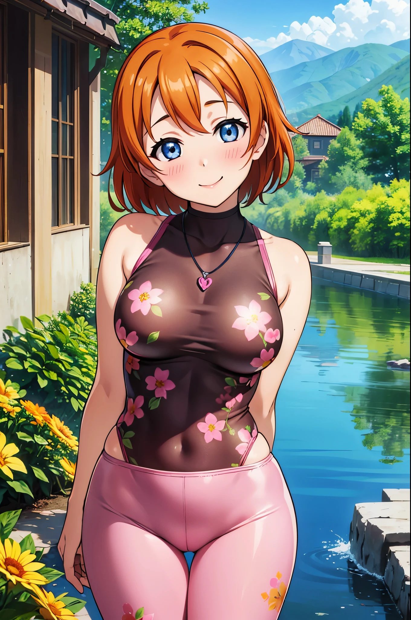 (Masterpiece, Best Quality, High Quality),(chibi),kousaka honoka, orange hair,low ponytail, blue eyes, volumetric lighting, illustration, beautiful, tight , Blushing, breasts, looking at viewer, flower print bodysuit,solo, curvy body, looking to the side, confident, seductive smile, (arms behind back, head tilt:1.1), heart pendant,perfect lighting, perfect shadows, flower, (breathtaking scenery:1.1), tree, blushing