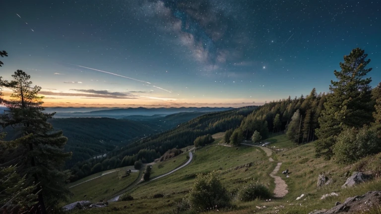 A preserved national park, Hiking trails wind through dense, green forest, offrant des vues imprenables sur des cascades, des lacs et des montagnes. Les animaux sauvages, tels que des cerfs, des ours et des aigles, walk freely in the park, offrant des rencontres inoubliables avec la nature. The stars twinkle in the night sky, creating a dazzling spectacle. Image au format 4096 x 2304 pixels.