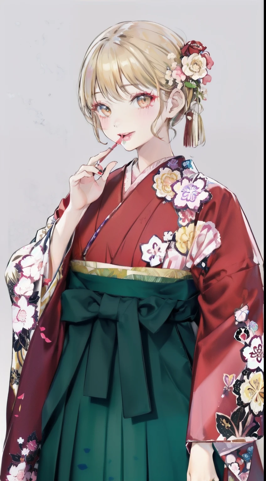 High resolution、An illustration、1 girl、beautiful face、cute、beautiful woman、white background、2D、Hakama、pink kimono、白のHakama、Upper body、gal、wheat-colored skin、Makeup、blonde hair、pink lipstick、laughing、graduation ceremony、brown eyes
