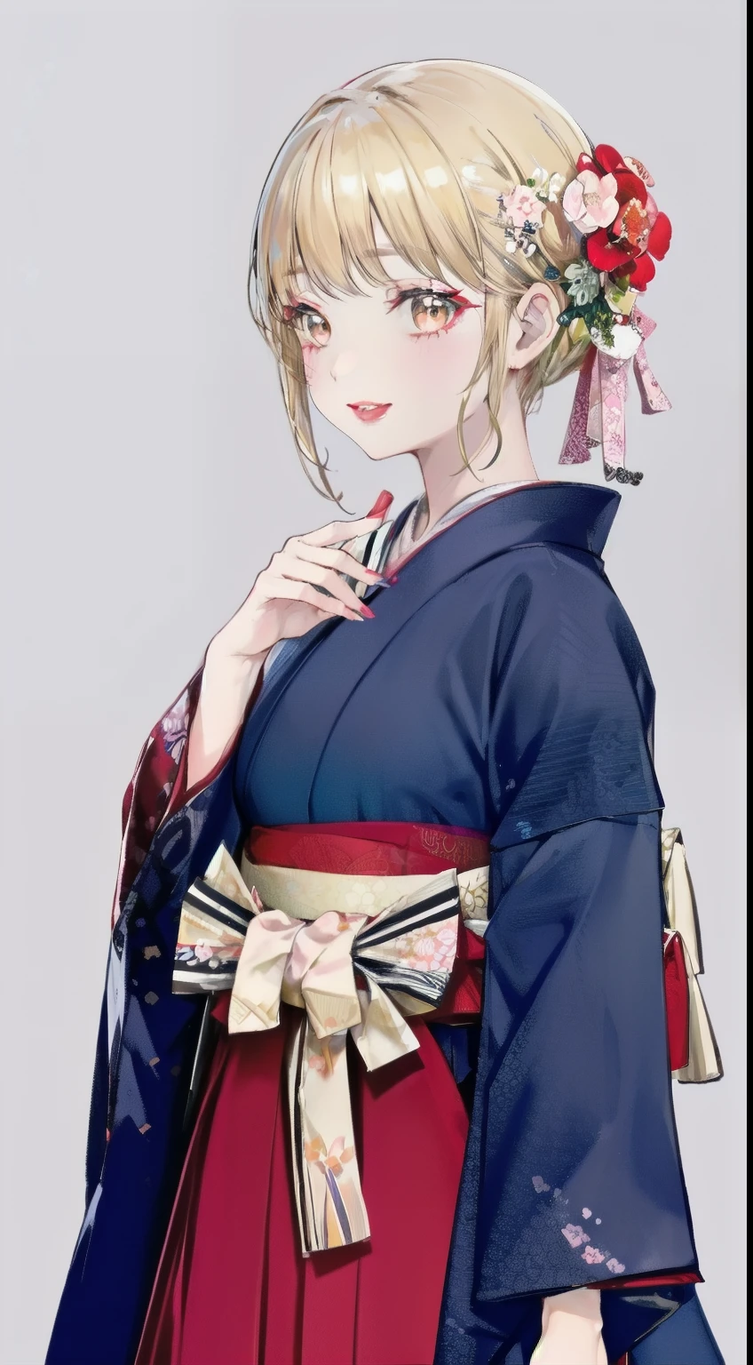 High resolution、An illustration、1 girl、beautiful face、cute、beautiful woman、white background、2D、Hakama、pink kimono、白のHakama、Upper body、gal、wheat-colored skin、Makeup、blonde hair、pink lipstick、laughing、graduation ceremony、brown eyes