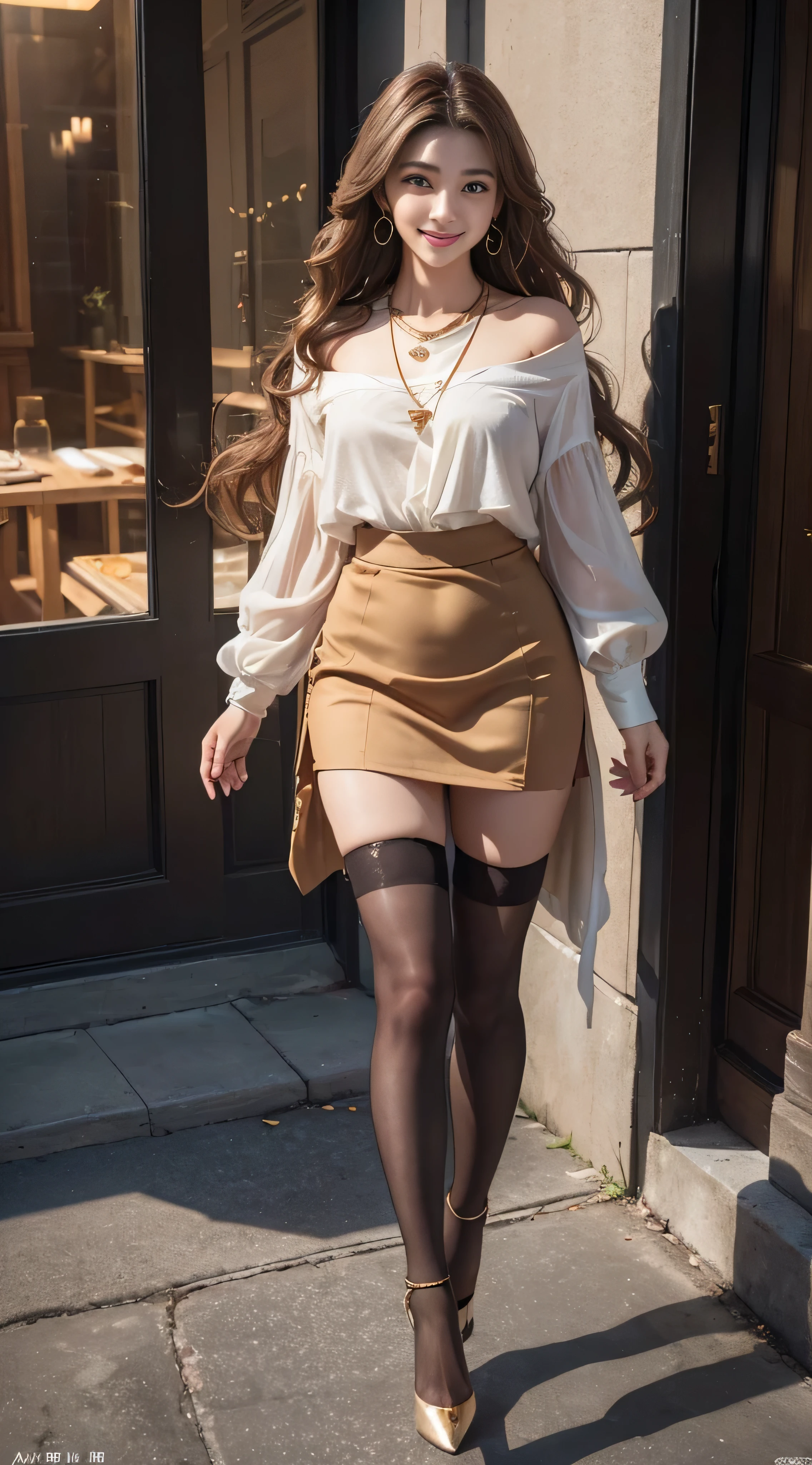 8K、muste piece、Raw photo、highest quality、photorealistic、High definition CG unity 8k wallpaper、Depth of the bounds written、cinematic light、Lens flare、ray tracing、(very beautiful face、beautiful lips、beautiful eyes)、face with intricate details、((super detailed skin))1girlin、In the Dark、deep shadow、cute asian girl、1 girl、(very slimで細身の筋肉質の体:1.3)、((look at the audience))、(A big smile:1.3)、clear eyes、walk、Photographed from the front、(pale skin)、(Big eyes)、turn one&#39;s face forward、(view audience:1.3) very slim、medium breasted、(camel toe)、lace black stockings、neon、night、dim light、cityscape、blurred background、street、building、wood、(sparkling plaid skirt)、(high heels)、full body shot、 (open chest)、((Super long brown hair:1.2))、((Hair with loose waves inside:1.2)),((gold necklace＿Large earrings:1.2)),((shy smile:1.3)),