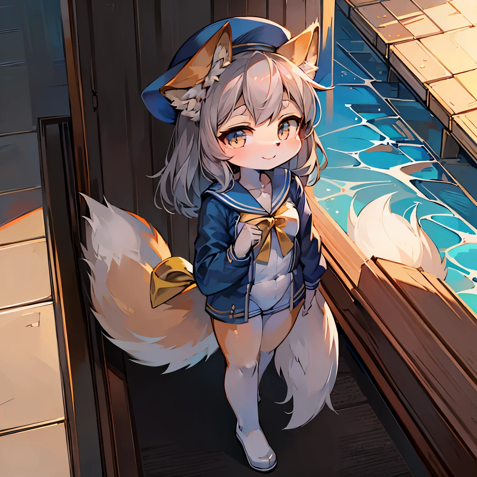 Bright outside，seaside，fox girl，female focus，Furry women，Furry loli，Characteristics of a -year-girl，ght 1.6 meters，gray hair，Bright Eyes，Sailor suit，sailor hat，Smile。