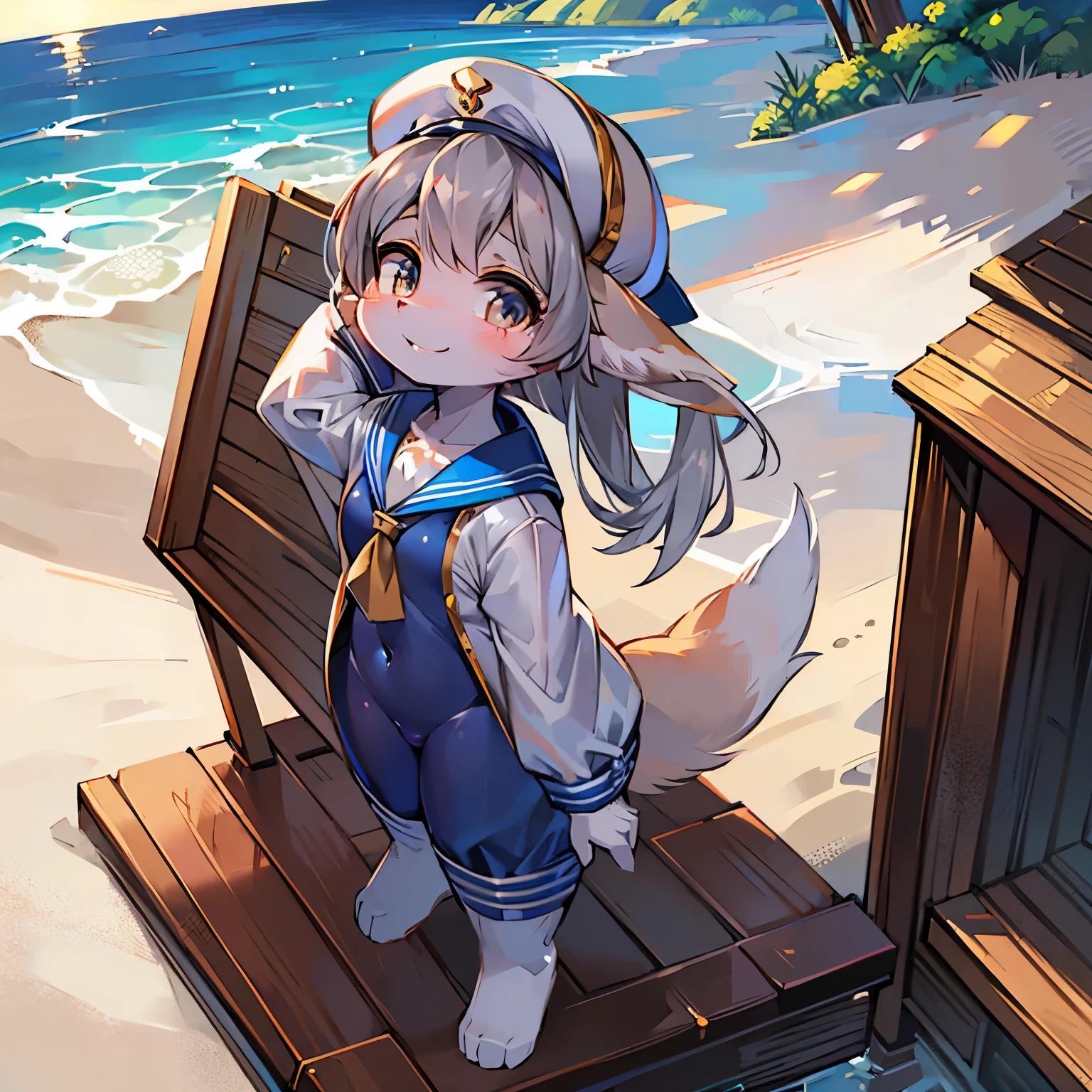 Bright outside,seaside,fox girl,female focus,Furry women,Furry loli,Characteristics of a -year-girl,ght 1.6 meters,gray hair,Bright Eyes,Sailor suit,sailor hat,Smile。