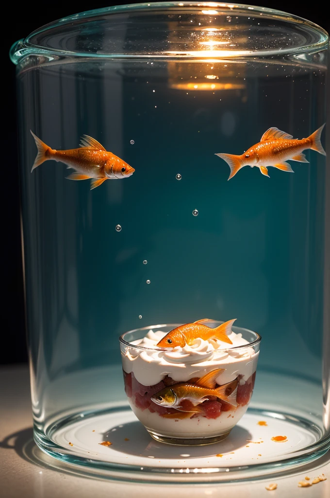 food photography, a red small fish lively, swim, glowing, ((fish trapped in a white transparent jelly pudding)), cute, food photography