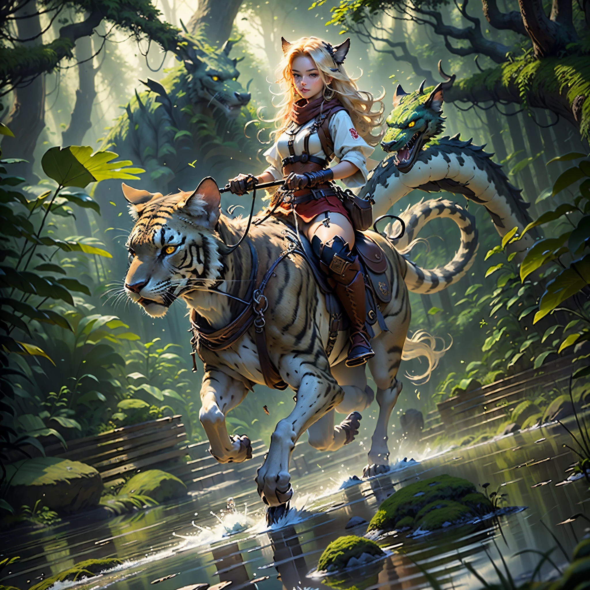 (Best quality:1.33), (Masterpiece:1.42), (realisticlying:1.24), (Detailed:1.15), beautiful joyous 1girll, Riding a gorgeous wild prehistoric cat, Dense jungle, mystical ambiance, Feel the power of nature, Exploration and adventurous spirit, Masterpiece, niji,