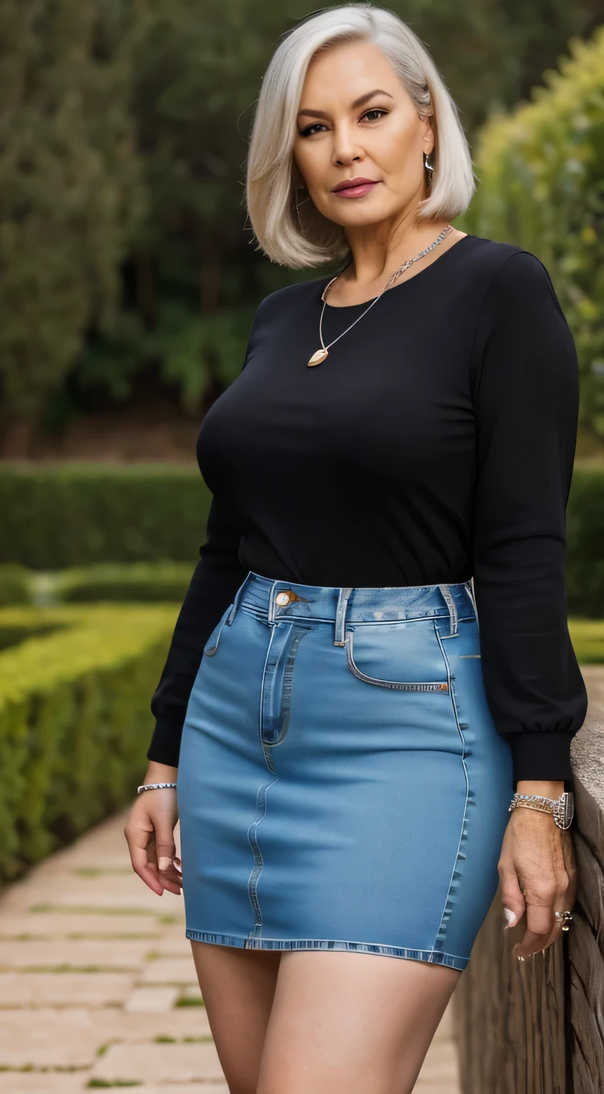 gordo, uma linda mulher de 70 anoaduro), ((vestindo uma linda SAIA JEANS detalhada)), Realista, Gordinho, rosto liso, Olhos perfeitos, symmetrical, 8K high definition, incrivelmente detalhado, intricado, elegante, arte de David Kostic e Stanley Lau e Artgerm, pele perfeita, lindo atemporal, gordo, maduro, (Seios enormes:0.8), colares, pulseiras, batom, cabelo grisalho, jardim