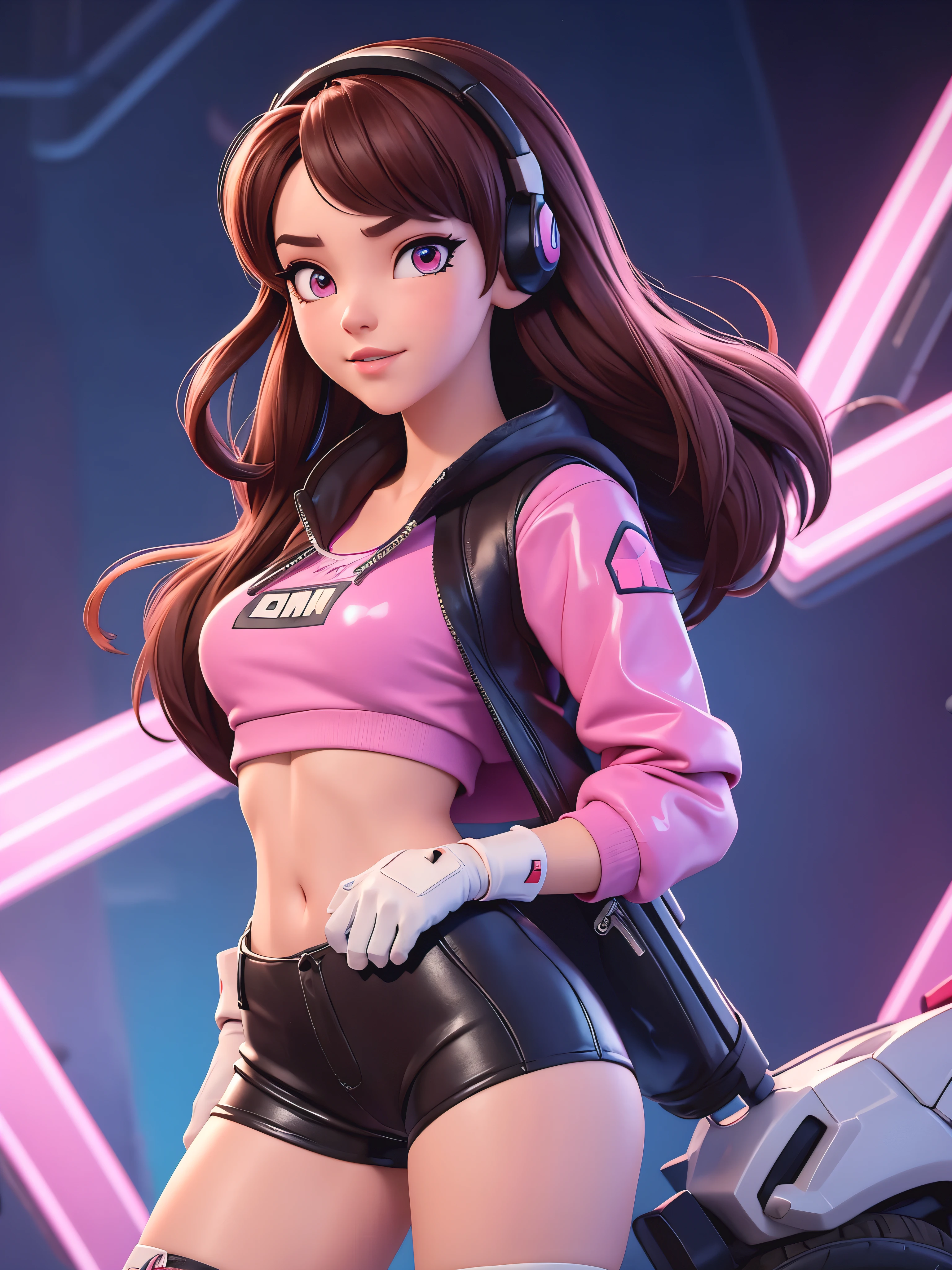 Masterpiece, Best Quality, High Resolution, 1Girl, Ultra High Resolution, Solo D.VA, Headphones, Pink eyes, Brown Hair, White Gloves, Face Decoration, Full Body Shot, Cute, Realistic, Cute Pose, Perfect Body, Cyber Punk background, wet street, Crop Top Hoodie, Latex Short Shorts