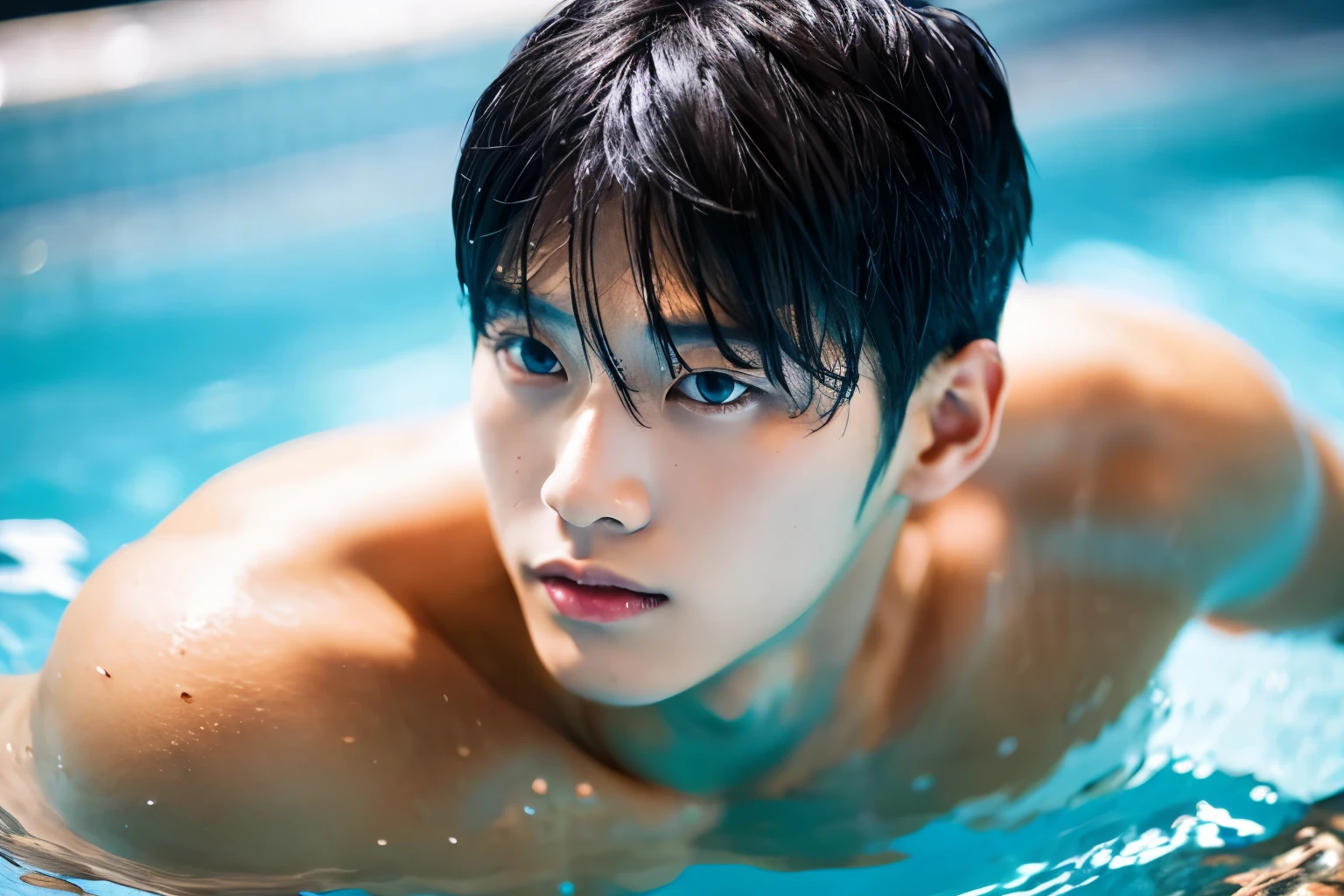 highest quality, masterpiece, ultra high resolution, (realistic:1.4), RAW photo, Young handsome man, black hair, pool,Asian