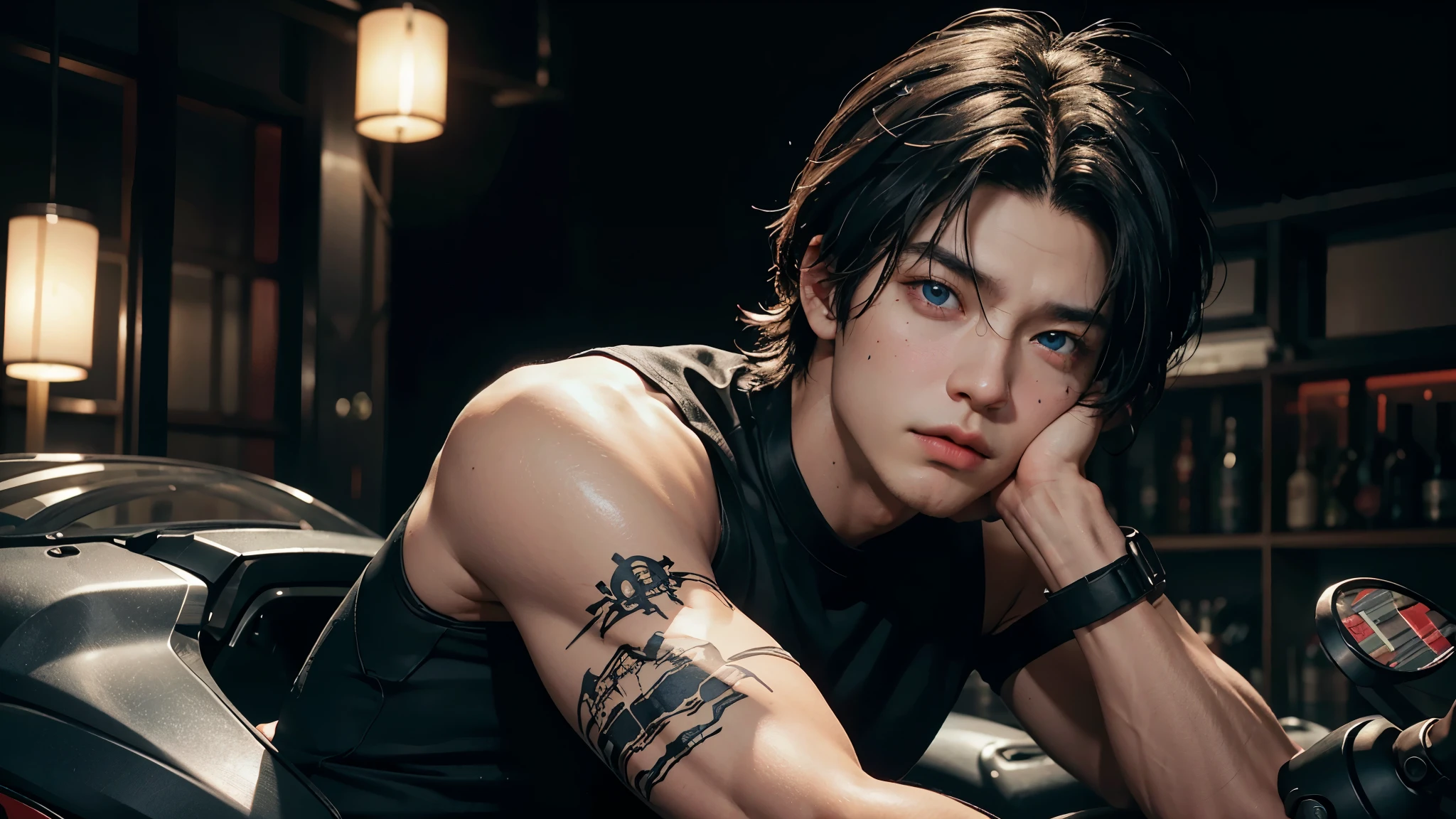 highest image quality, eye-catching details, ultra high resolution, (realism: 1.4), best illustrations, Offer details, 1 person per person, Masculinity, muscular arms, Cracks and marks on chest, Highly condensed into black and red wick kit, holding direction controller, riding a futuristic motorcycle, Korean, black hair, 25 years, Jeon Jungkook’s face, serious face, lock chin, Deep gaze, Masculinity, white, blue eyes, black hair, mark chin, male face.