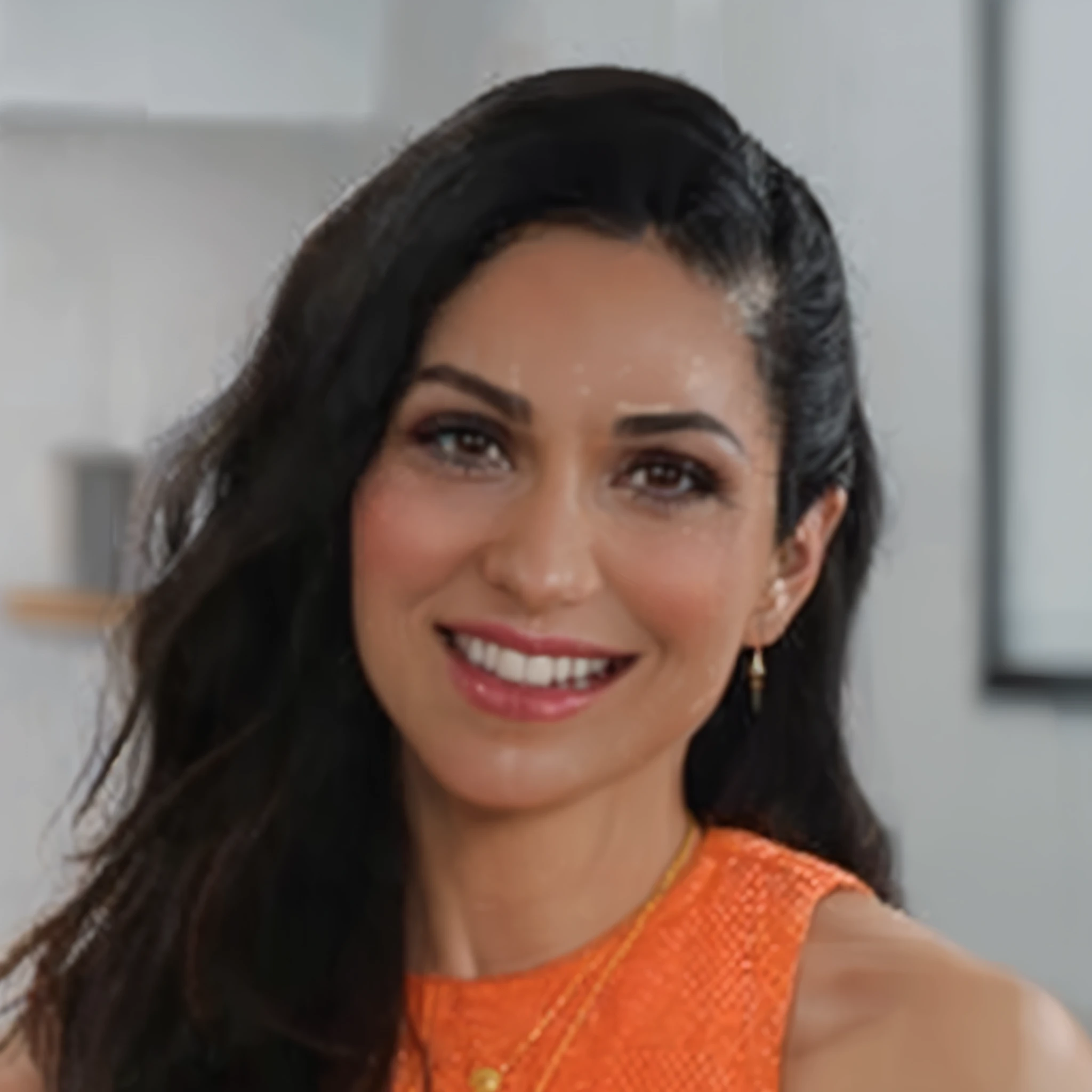arafed woman with long dark hair wearing an orange top, lindsay adler, christina kritkou, gal gadot, headshot profile picture, inspired by Gina Pellón, justina blakeney, promo image, taken in the late 2010s, by Lucette Barker, julia fuentes, taken in the early 2020s