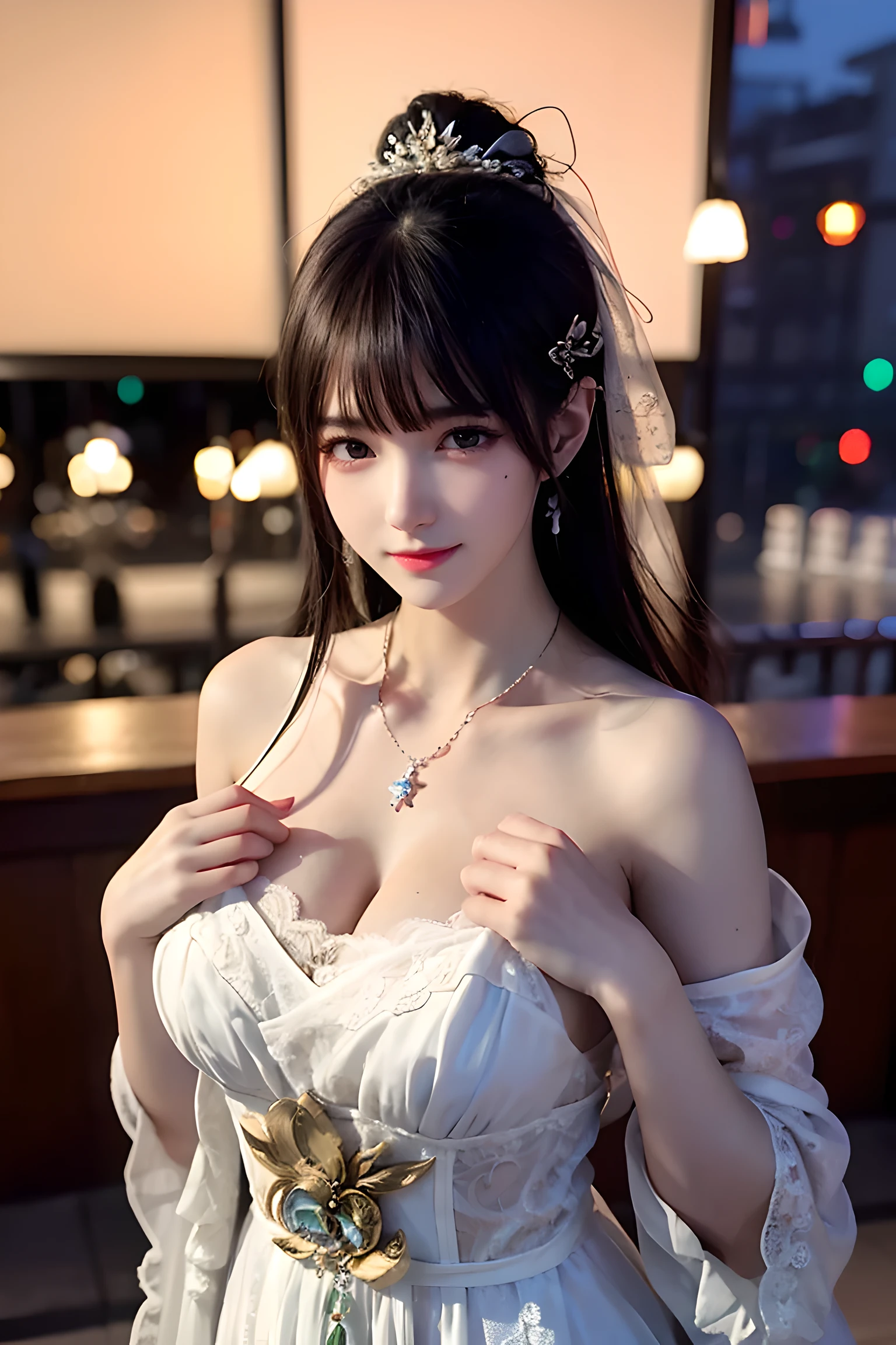 looking at camera， （极其精致beauty的作品）， （masterpiece）， 1 girl， Extremely detailed、Elegant wedding dress， have， Very detailed， ponytail twist， charming的表情， beauty清澈的眼睛， green eye pupils， exquisite necklace， Delicate earrings blur background， extremely detailed description， beauty， charming， super beautiful painting， delicate face， Exquisite figure， Thin clavicle，charming的的嘴唇， Behind Softnesix 4，（8k， RAW best quality， masterpiece：1.2）， （lifelike， 照片lifelike：1.37）， 1 girl， charming的， city View， night， rain， wet， professional lighting， photon mapping， Radiosity， Physically based rendering， above waist，
