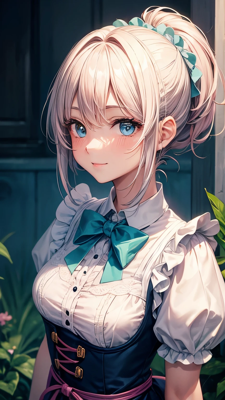35 years old Japanese tidy lady ((small breast, very slender)), pale purple ponytail((short hair)), (( shaggy long forelock, various colors highlights )),BREAK, dirndl ((pale pink, pale cyan)), tidy and eloquent face, looking back pose, friendly and beautiful smile, big droopy eyes (( shiny blue eye, shiny pale yellow eye, heterochromia)), eyelashes, blush , small mole under left eye, BREAK, tidy and pleasant atmosphere,((face focus)), gazing forward
