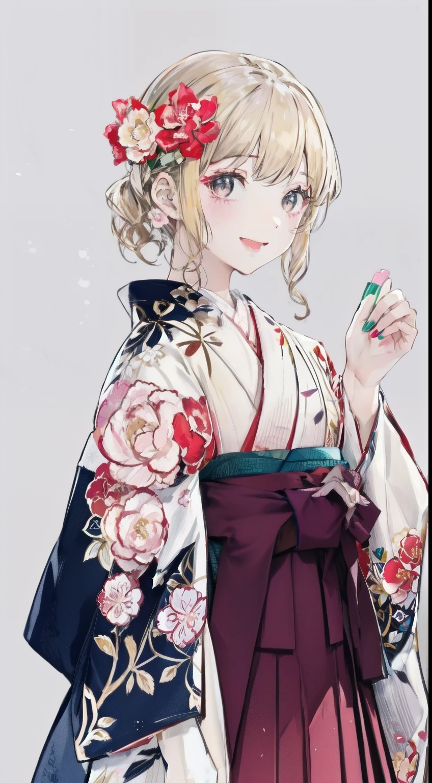 High resolution、An illustration、1 girl、beautiful face、cute、white background、2D、Hakama、pink kimono、白のHakama、No bangs、Upper body、gal、(wheat-colored skin:1.2)、Makeup、blonde hair、pink lipstick、laughing、graduation ceremony、black eyes、
