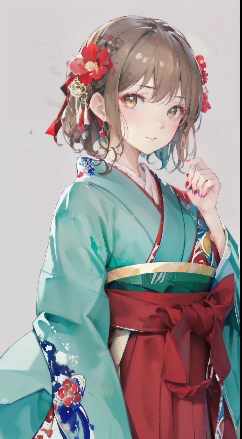 highest resolution、An illustration、1 girl、beautiful face、cute、white background、(watercolor:1.2)、2D、Upper body、navy hakama、yellow kimono、Her light brown hair is half-up.、red lipstick、see-through bangs、Looks embarrassed、pout、Azatoi、graduation ceremony、brown eyeoist eyes