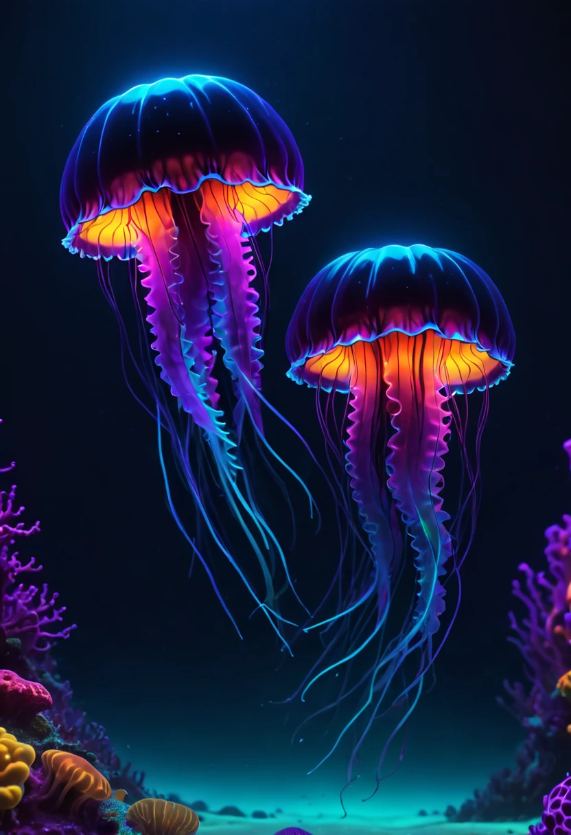 High Resolution, High Quality, Masterpiece .close-up  BlackLight art. a Two Jelly Blubber jellyfish in the depths of a neon glowing ocean. a luminous psychedelic miracle, Halo effect neon fraktal. the fins and silhouette are covered with mysterious luminescence,  an octane render that enhances the hyperrealistic intricacy of its shape. The background is the deep saturated darkness of the ocean., neon ambiance, abstract black oil,  detailed acrylic, grunge, intricate complexity, rendered in unreal engine, photorealistic. 32k Hyperrealism. Lens flare burs. Hyperdetalization. Cinematic lighting. 32k