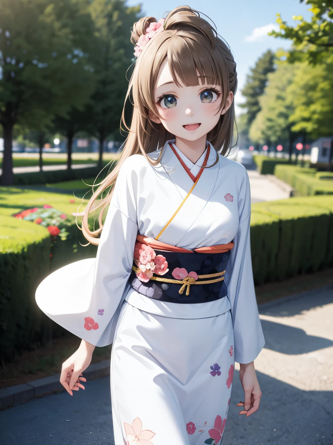 highest quality、anime girl with brown hair and beautiful flowers々Park where flowers bloom Kotori Minami、turn your arms behind your back、 [3D images:1.15],High resolution、garden、highest quality, High resolutionであり, View from the front、全体的にlong hair, smile, Kotori, long hair, brown hair,、right pupil is narrow, cute clothes、white kimono、Japanese style colorful kimono、absolute reference to center、During a walk、date、thin fingertips,