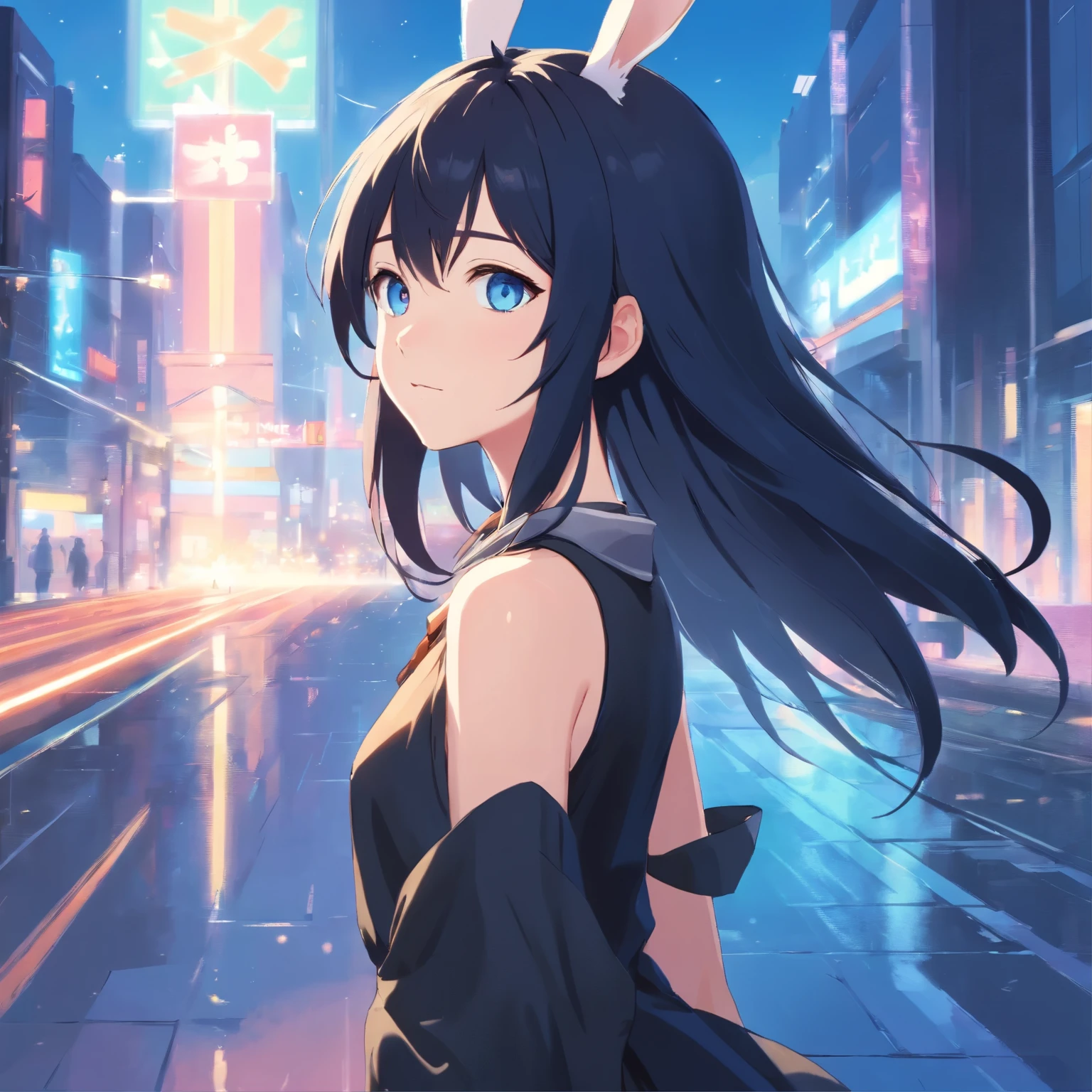 (highest quality,super detailed:1.2), blue eyes, long black hair, black dress, just a pose, rabbit style, sparkling background, fantastic lighting, Bright colors, soft pastel tones, I have rabbit ears, wearing an ancient collar