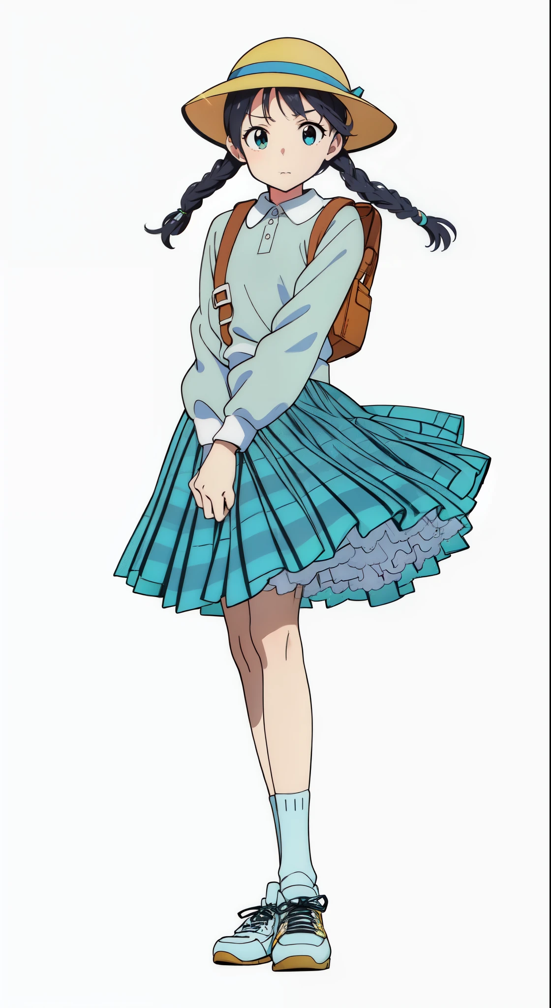 (detailed white petticoat:1.5), (white background:1.0), (best quality:1.0), (masterpiece:1.0), (super fine illustration:1.0), (beautiful artwork:1.0), (anime screencap:1.0), (official art:1.0), (full body:1.0), (solo:1.0), (ESGA:1.0), (a cute girl:1.25), (yellow hat:1.25), (red backpack:1.0), (long skirt:1.0), (green tartan skirt:1.0), (pleated skirt:1.0), (aqua blue polo shirt:1.0), (long sleeve polo shirt:1.0), (sneakers:1.0), (white socks:1.25), (ideal ratio body proportions:1.25), (lanky:1.25), (tall:1.25), (slender:1.25), (small breasts:1.25), (smaller face:1.25), (tareme:1.5), (detailed beautiful eyes:1.25), (detailed beautiful face:1.25), (glowing black eyes:1.1), (short hair:1.0), (twin braids:1.0), (black hair:1.0), (looking at viewer:1.5)