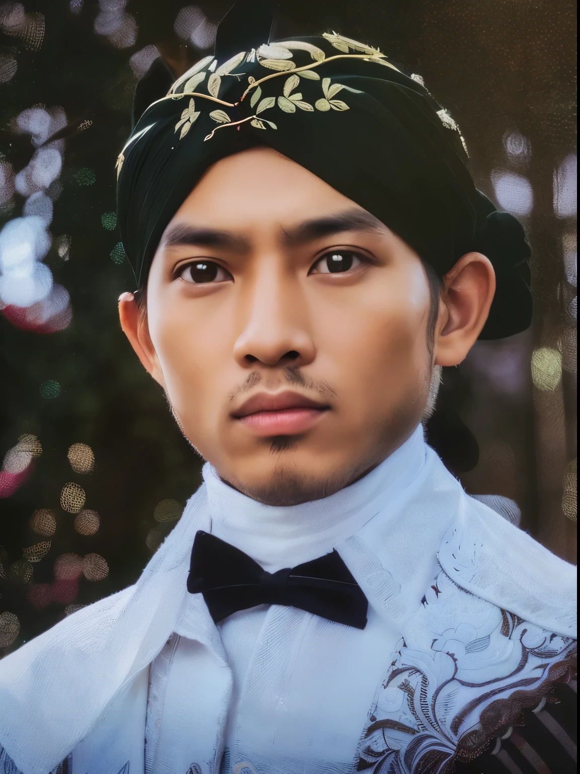 (best quality,full HD,high-res:1.2),ultra-detailed,(realistic,photorealistic,photo-realistic:1.37),a man from Java Indonesia,bendo,traditional Javanese clothing,cultural clothing,detailed facial features,sharp focus,traditional patterns,rich colors,exquisite embroidery,vivid textiles,dark background,natural lighting,Java culture