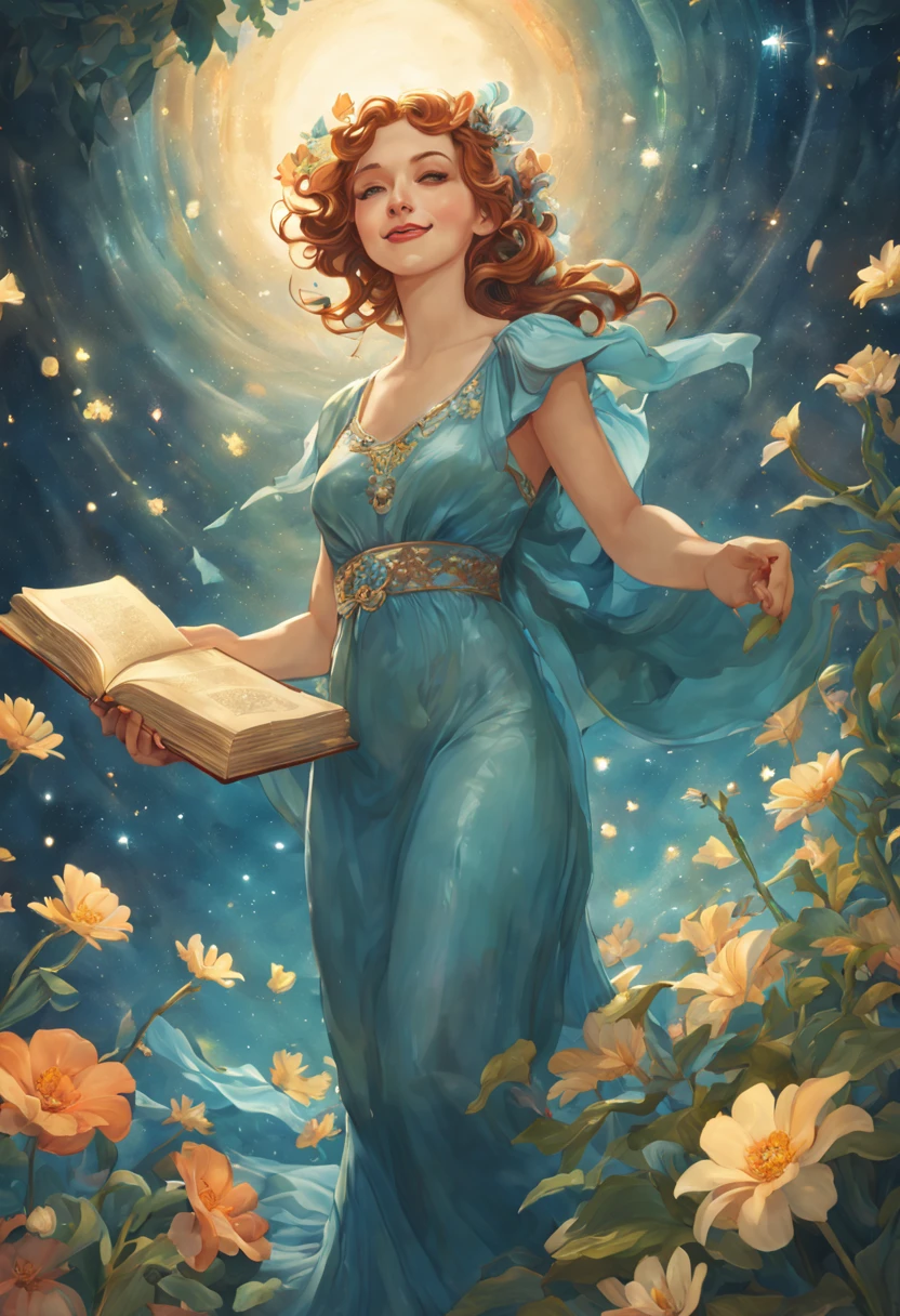 heaven, heaven, light, shine, happiness, bright smile, Sparkling, stars, flower and galaxy garden, Hello, cloud heaven, heaven, light, shine, happiness, bright smile, Sparkling, flowers, flower garden, Hello, 雲 Close-up of a poster of a woman holding a book, Art deco painting by Rubin Borgin, deviant, art nouveau, art nouveau tarot style, art nouveau tarot, Alphonse Mucha, Flat Shading Mucha, art nouveau card, sam guay, in art nouveau style, art nouveau illustration, art nouveau portrait, new art, Alsphons, Contains no sexual elementasterpiece,((Clean glass,Shine:1.2,(Transparent:1.3),The sheen)),Best quality,( pixar-style :1.4),(In a cave, At night, Surrounded by glowing plants, Flowers, Flying fireflies, bonfires)(Ultra detailed, Aesthetic, Beautiful composition, rich in bright colors, volumetric soft light)4K,Reflection in the water,water ripple Inspired by Alice in Wonderland, magic, Fairy tales. unreal-engine, rendering by octane, cuteness render, a 3D render，Adobe Photoshop, Awesome beaut、