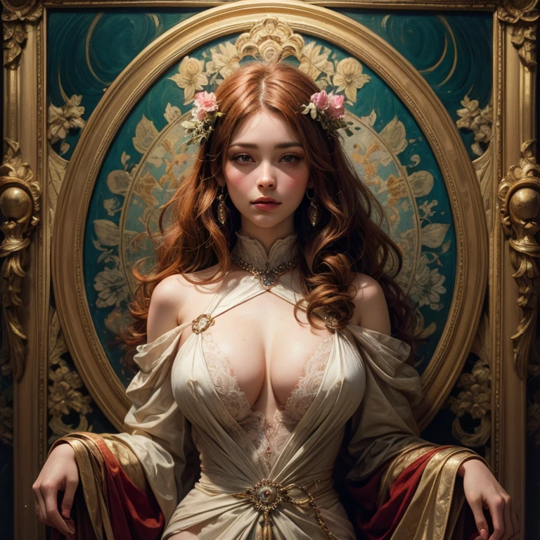 European woman's, (cowboy portrait), long curly hair, blonde, flower frame, decorative panel, abstract art, by Alphonse Mucha (masterpiece, highest quality, high resolution: 1.4), detailed, intricate details, 4K, color splash, line art, Fibonacci, in underwear, (subtle nudity:0.8), nsfw, perfect breast, big breast, cleavage:1.3; hinata:1.1, (ginger hair:1.2)