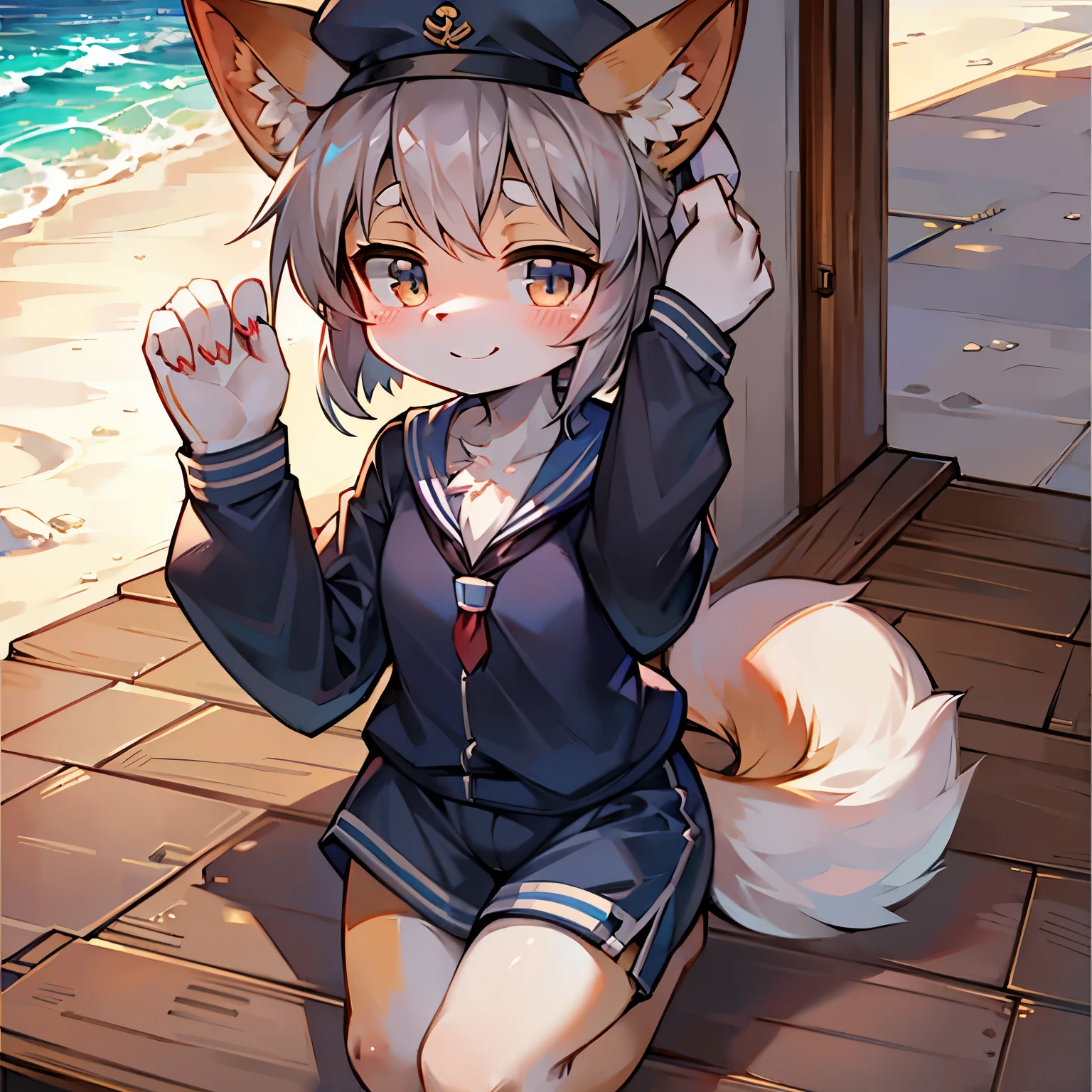 Bright outside,seaside,fox girl,female focus,Furry women,Furry loli,Characteristics of a three-year-old girl,Height 1.6 meters,gray hair,Bright Eyes,Sailor suit,sailor hat,shorts,Smile。