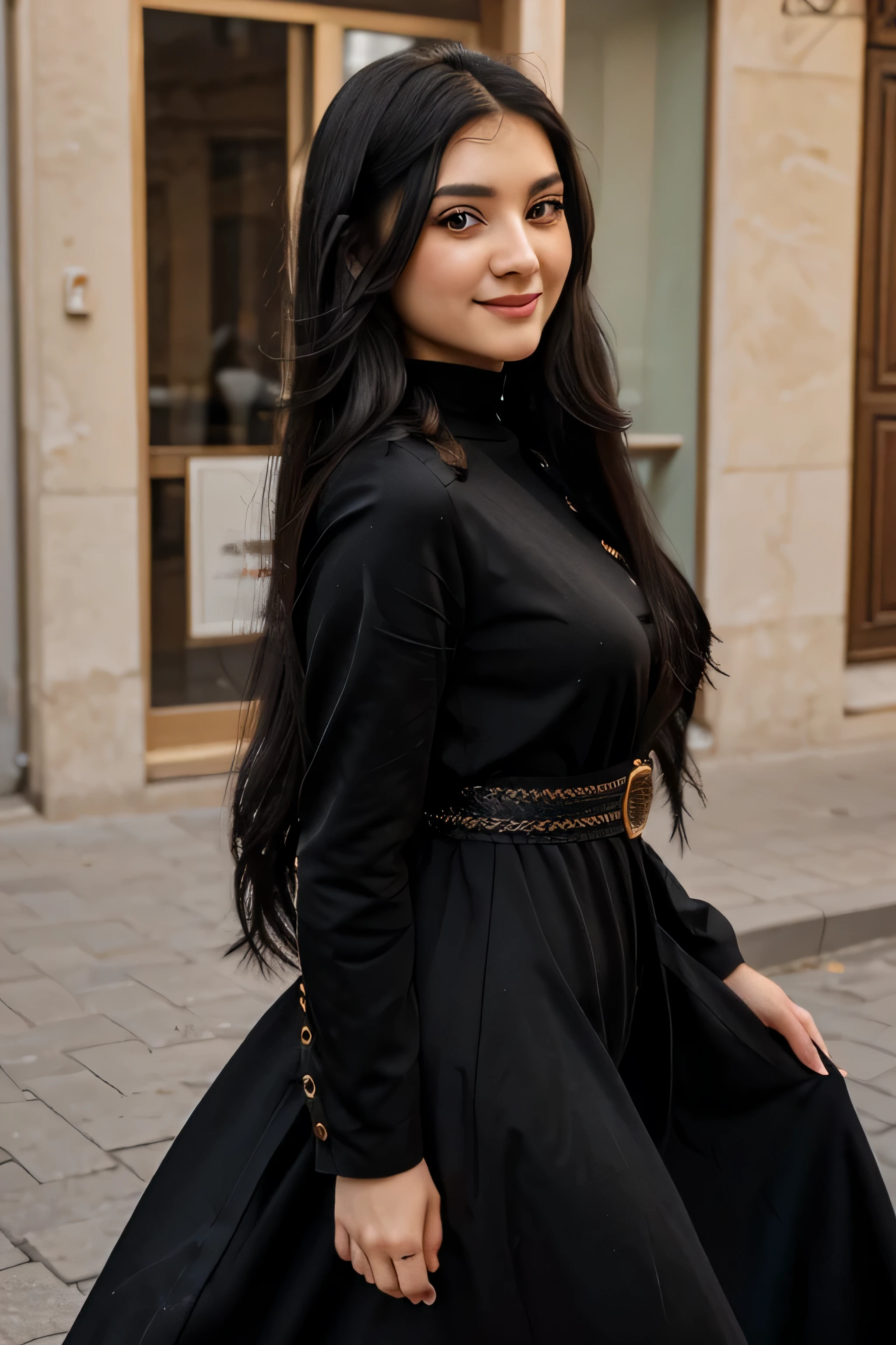 Close-up of a woman with long black hair and national Azerbaijani dress, Beautiful Azerbaijani girl with smile little, Beautiful Azerbaijani girl, ultra realistic, photo of a beautiful Azerbaijani girl, sexy girl , black color eyes, beautiful model girl , sexy model girl with long hairs, breathtaking beauty, walking at Baku Old City street , photo focused on at girl face