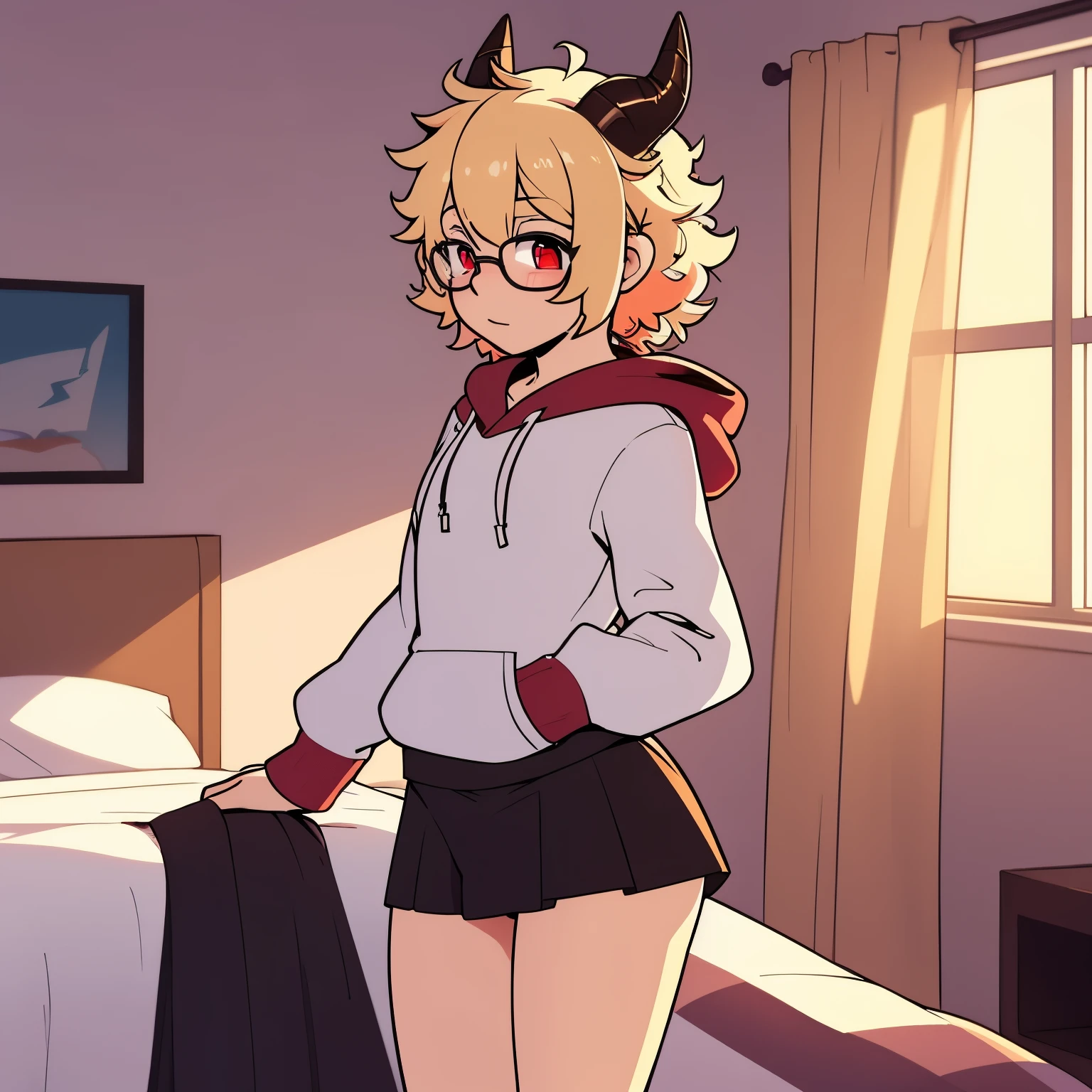 blonde hair, male, femboy, fluffy curly blonde hair, horny, bulge, hoodie, skirt, human, in bedroom, only person, profile picture, gay, hair down to shoulder, horny, only person, no fur, bulge, curly hair, fluffy hair, down to shoulders, red highlights in hair, red eyes, only person in room, demon horns, only person in room, demon tail, glasses, single, shy, curly hair, penis, 