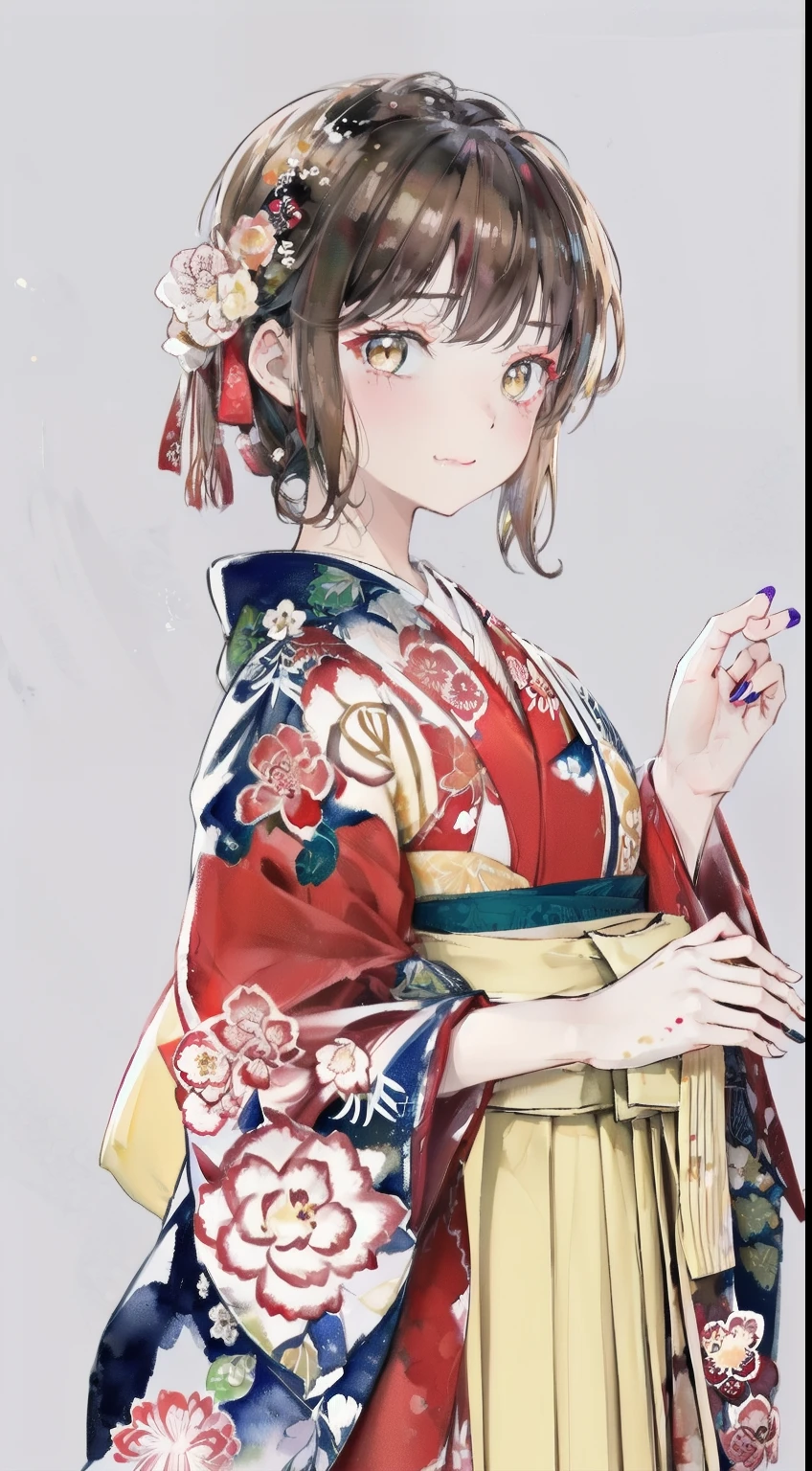 highest resolution、An illustration、1 girl、beautiful face、cute、white background、(watercolor:1.2)、2D、Upper body、navy hakama、yellow kimono、Her light brown hair is half-up.、red lipstick、see-through bangs、Looks embarrassed、pout、Azatoi、graduation ceremony、brown eyeoist eyes