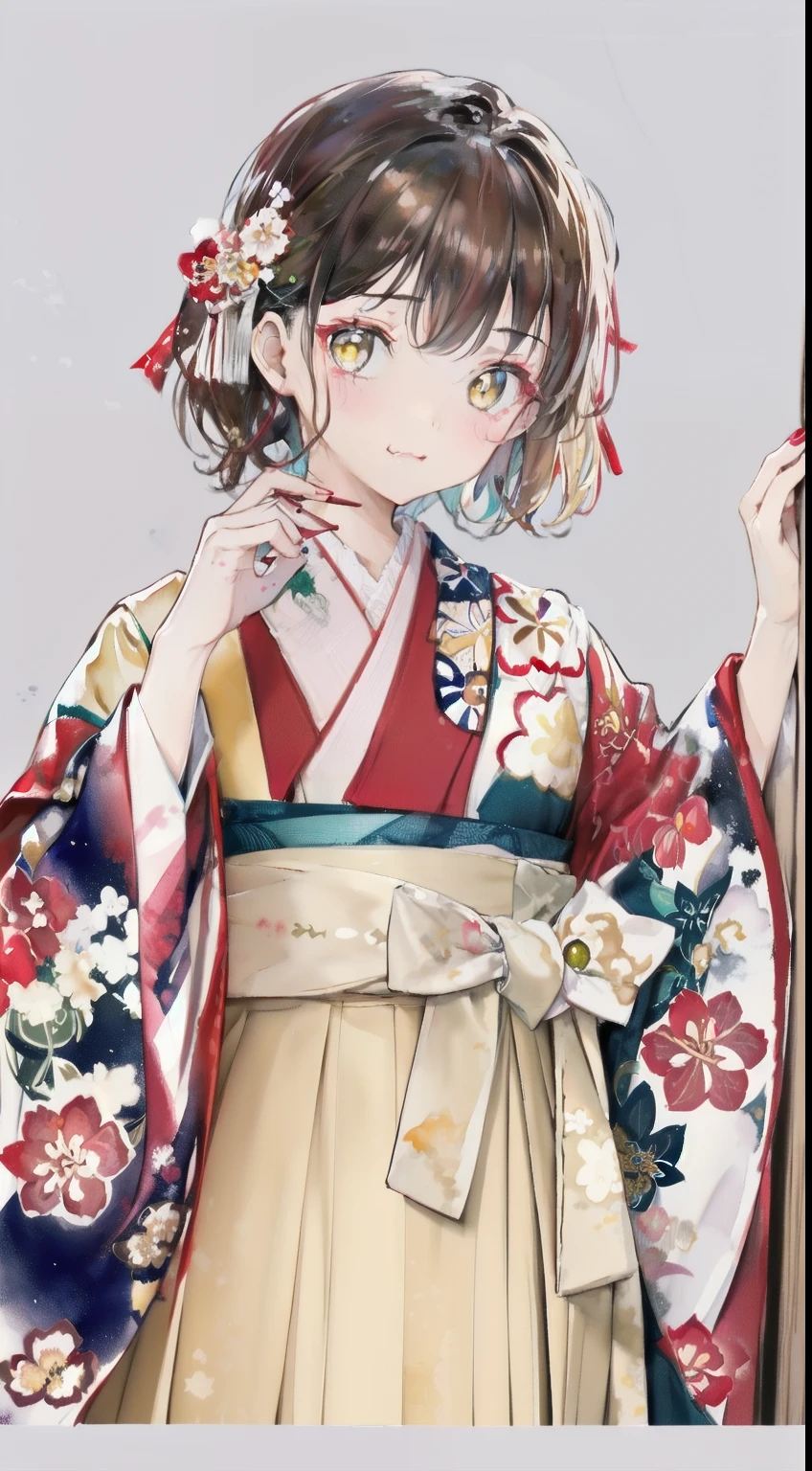 highest resolution、An illustration、1 girl、beautiful face、cute、white background、(watercolor:1.2)、2D、Upper body、navy hakama、yellow kimono、Her light brown hair is half-up.、red lipstick、see-through bangs、Looks embarrassed、pout、Azatoi、graduation ceremony、brown eyeoist eyes