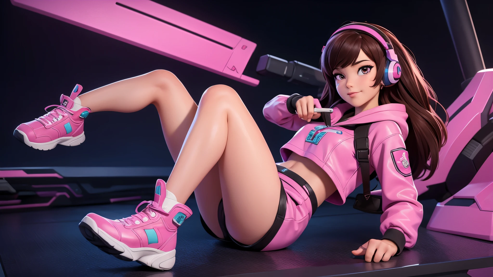 Masterpiece, Best Quality, High Resolution, 1Girl, Ultra High Resolution, Solo D.VA, Headphones, Pink eyes, Brown Hair, White Gloves, Face Decoration, Full Body Shot, Cute, Realistic, Cute Pose, Perfect Body, Cyber Punk background, wet street, Crop Top Hoodie, Latex Short Shorts