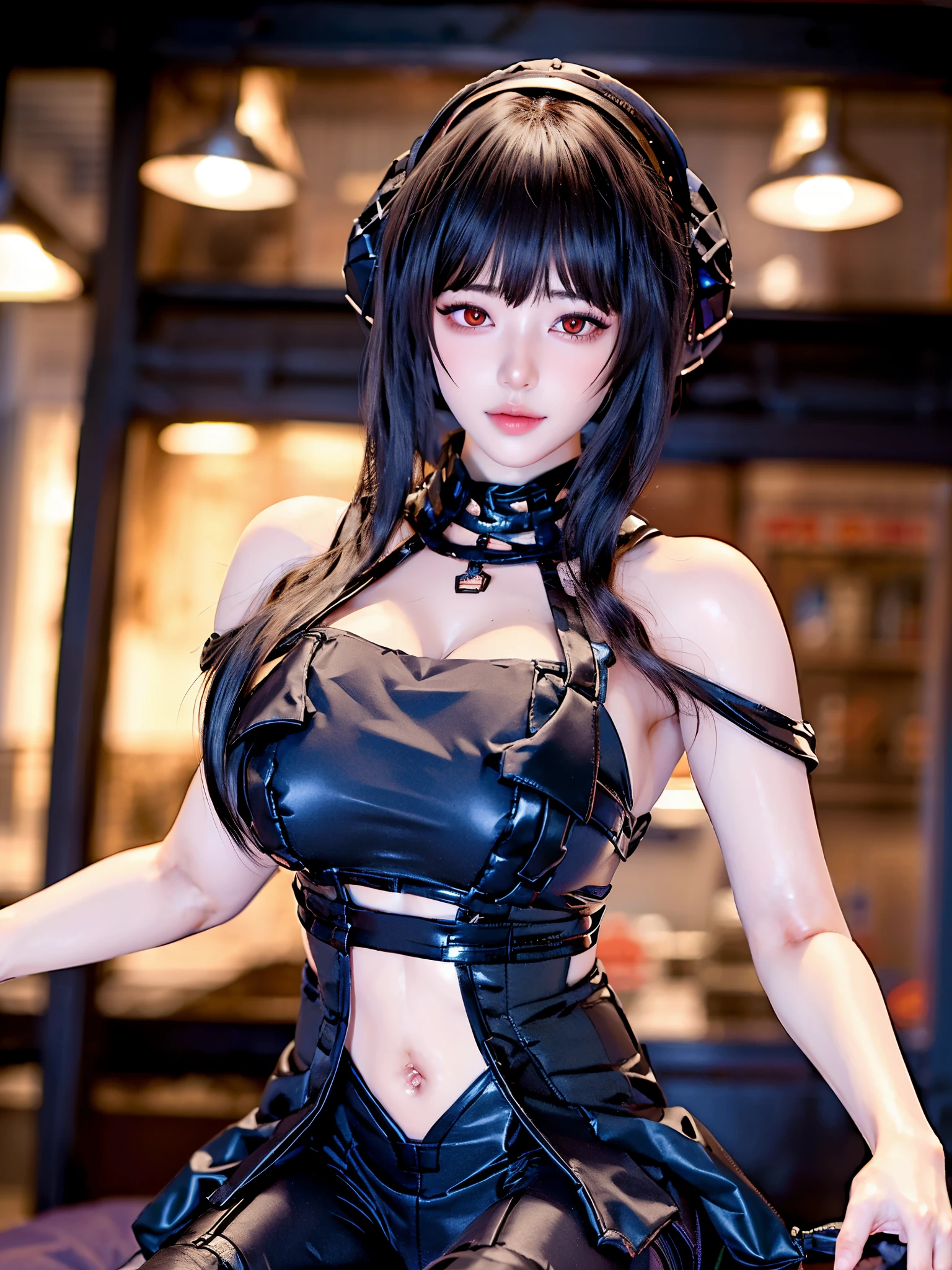 ((best qualtiy, 8k, tmasterpiece:1.3)), (huge tit:1.6)，（Naked of breast：1.9），(musculous:1.4)，（the street：1.2），Get wet：1.5，Highly detailed facial and skin texture，detailed eyes，double eyelid，Look sideways at the camera，navel，exposing your navel, transparent, transparent black dress，black lingerie, Camel toe, yor briar, black hair, red eyes, mouth slightly open, 