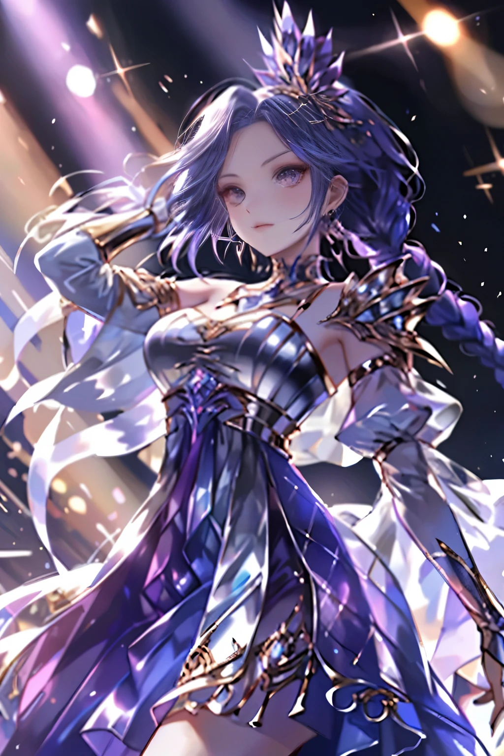 best quality， 1 girl， Keda， solo， Two braided colorful dresses， looking at the audience， upper part of body，Purple light hits the girl
