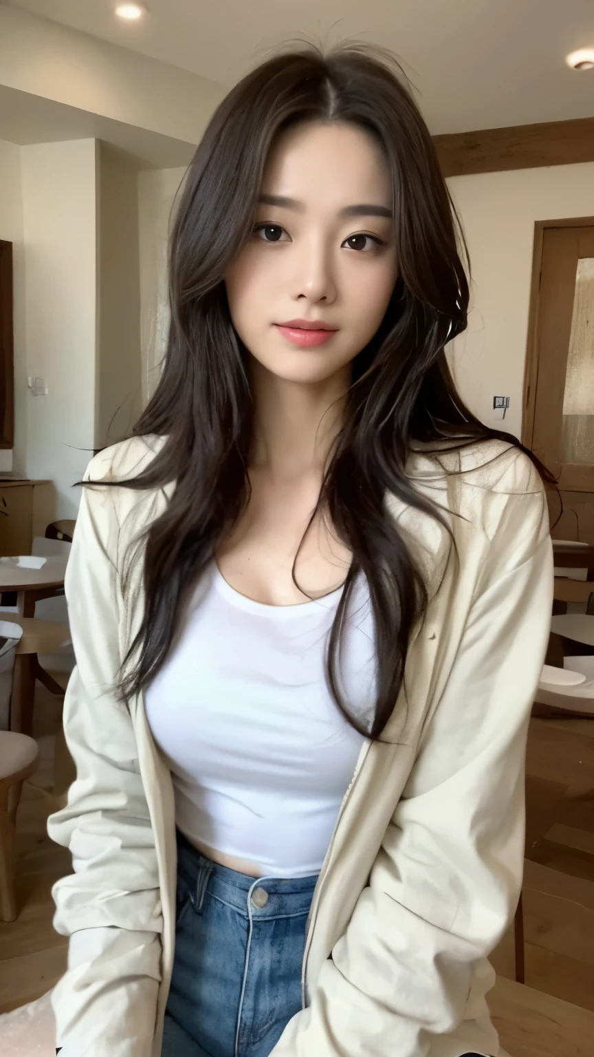((top-quality、8k、​masterpiece:1.3))、Beautiful woman with perfect body:1.4、slim abdomen:1.2、Longhair, normal breast, Highly detailed facial and skin texture, A detailed eye, delicate eyes, double eyelid, (smile), (full body shot), ((cafe)), (sitting on chair), (((wearing white t-shirt with jacket)), looking in front