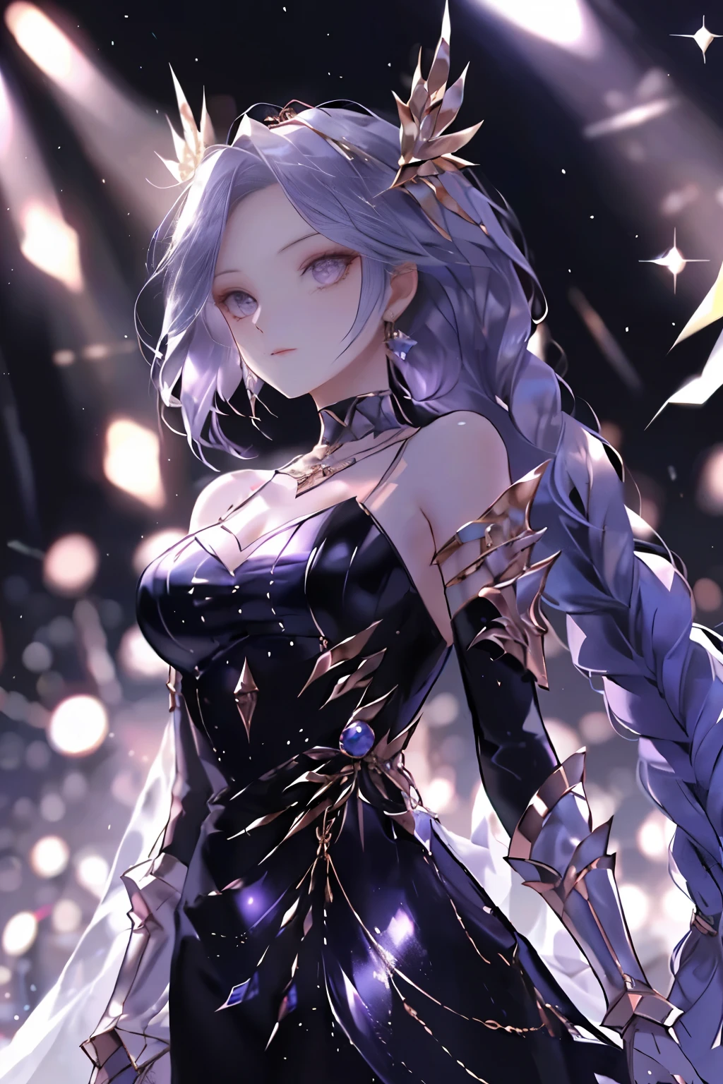 best quality, 1 girl, Keda, solo, Two braided colorful dresses, looking at the audience, upper part of body,Purple light hits the girl