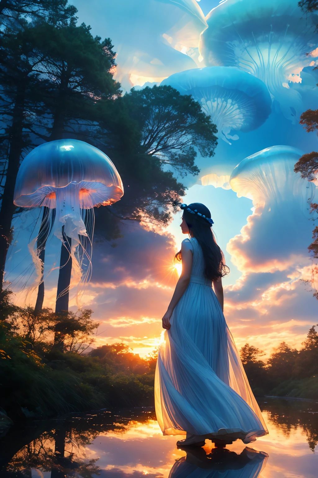 ((blue jellyfish)), jellyfishforest,  1girl, cute, small, long hair, dress, solo, black hair, mushroom, nature, white dress, outdoors, tree, walking, forest, water, clouds, sky