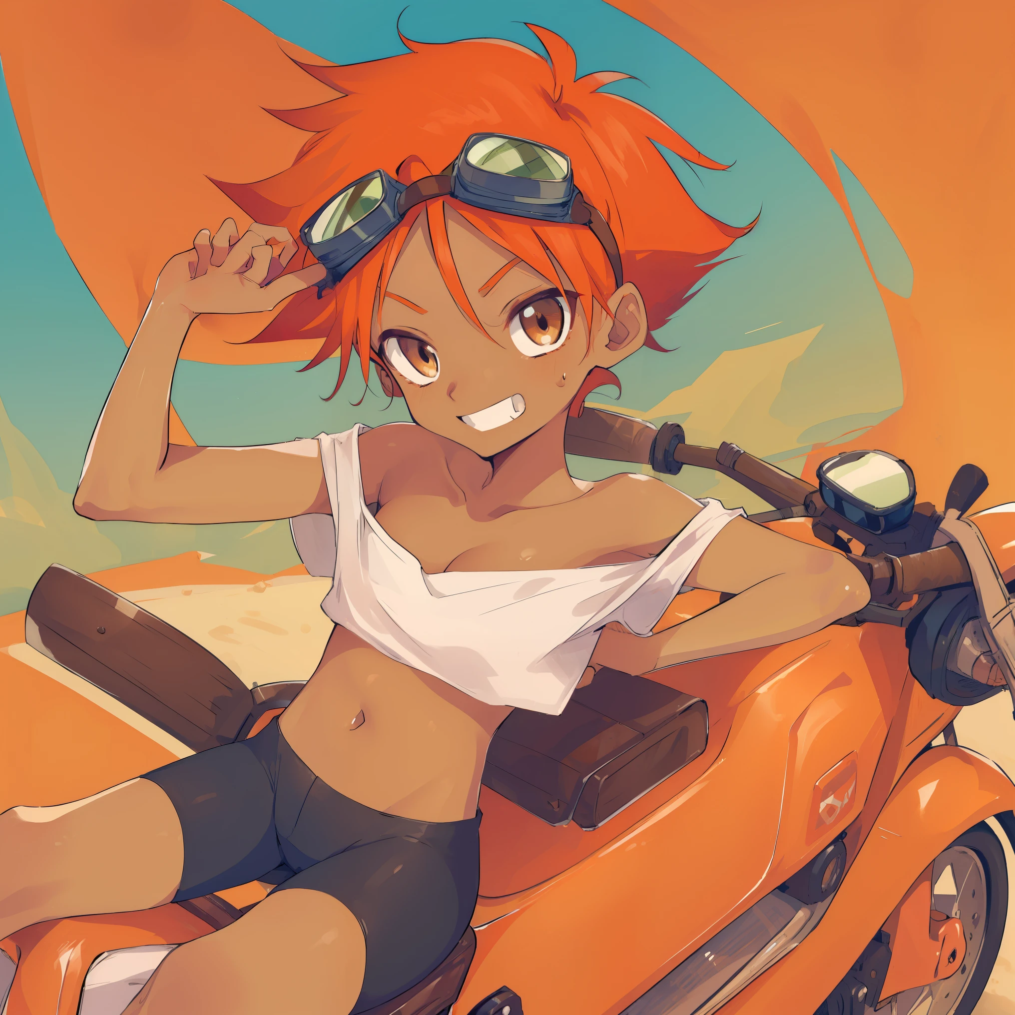 Edward, midriff,orange hair,white shirt,off shoulder,collarbone,tan skin, black bike shorts,(((goggles on forehead))) barefoot, brown eyes, outside, desert, riding a scooter, big smile, cleavage (insanely detailed, beautiful detailed face, masterpiece, best quality),