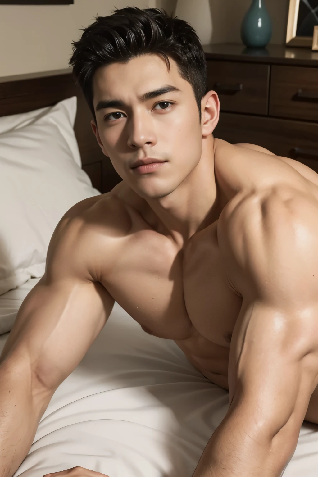 Handsome, muscular young man laying on the bed, resting on his elbow
