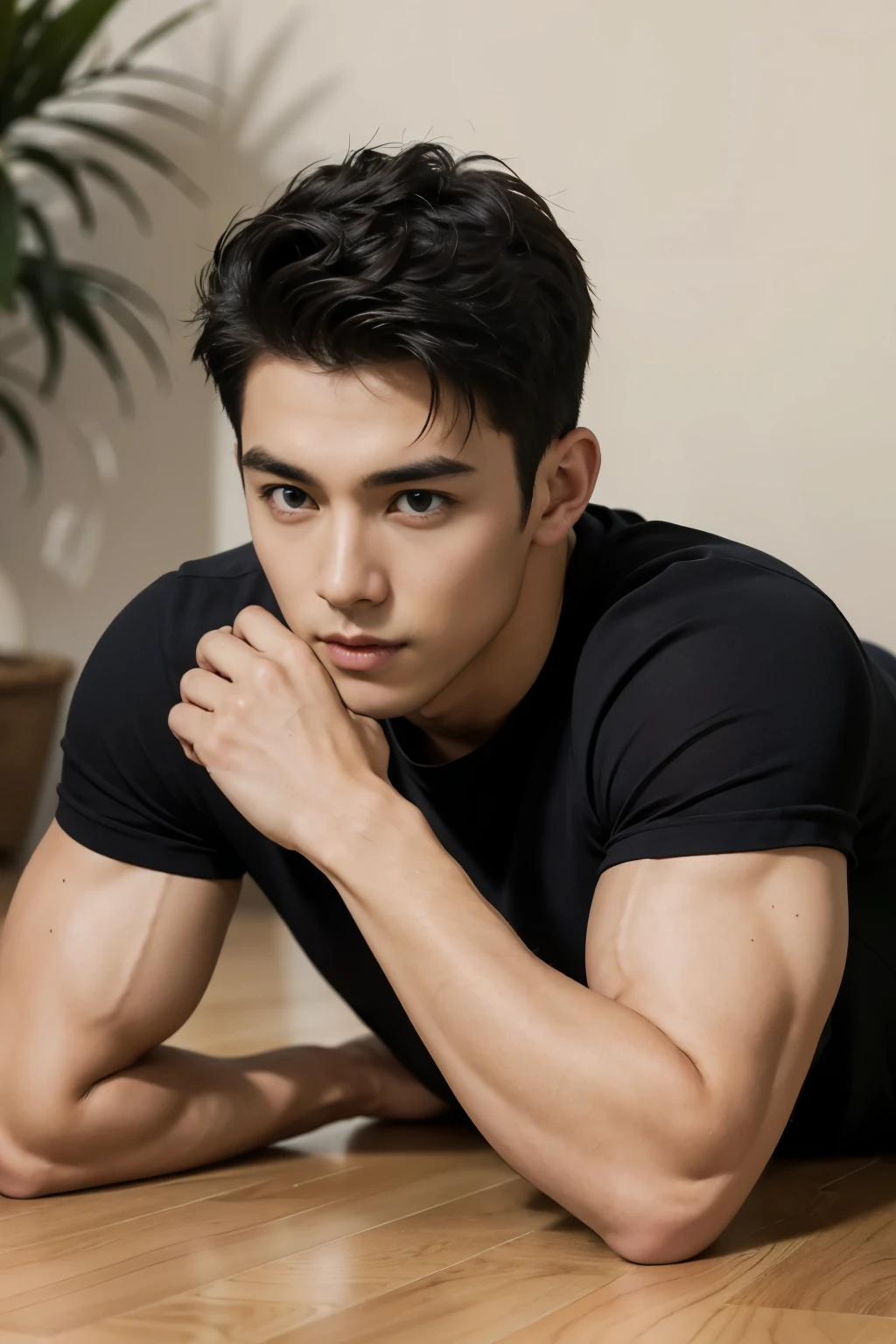 Handsome, muscular young man laying on the floor, resting on his elbow