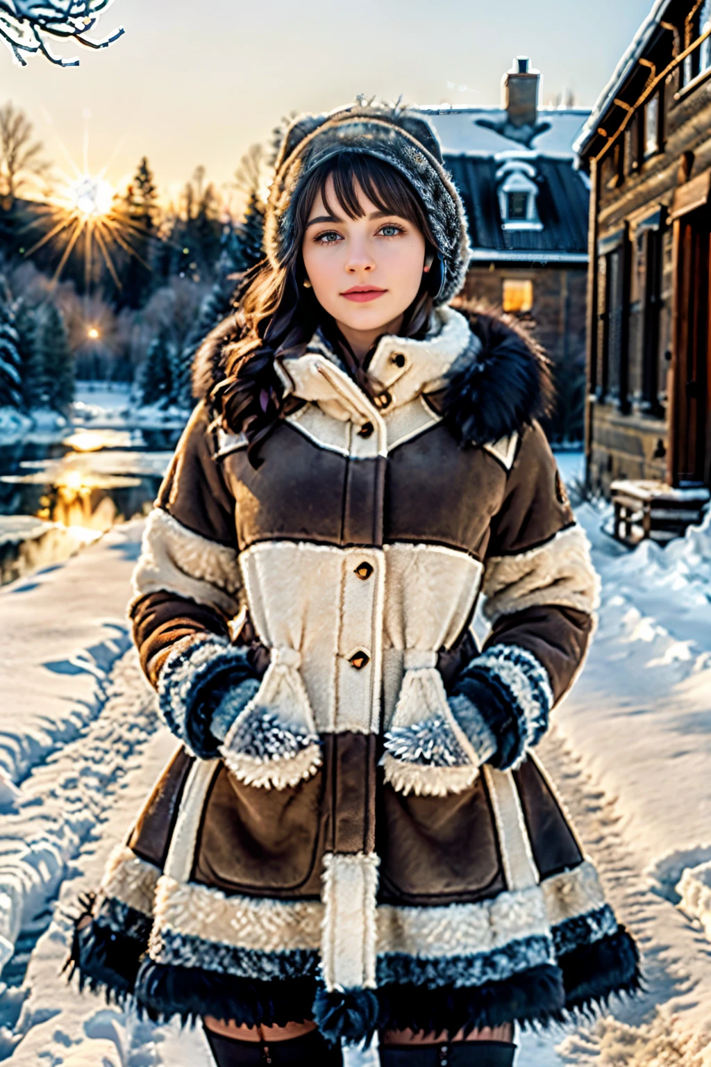 better quality, piece of art, (realistic photo:1.4), detailed skin, complex parts, beautiful 30 year old Caucasian girl., (brunette:1.5), detailed background, (skin texture) (granularity:1.3), (warm tone, warm tone:1.2), cinematic light, ultra high resolution, best shade, crew, (hazy glow), (afternoon solar eclipse), (slow vintage), (last season), (romance), (a mystic), (Old Camera), (aged metal case), (soft shutter click), (golden hour light), (long shadows), (worn brick walls), (alleys, decorated with graffiti), (unearthly quality), (soft pastels), (distant memory), (Soft mist), (dreamy nostalgia), (Light leak), (analog days), (Unpredictable Charm), (faux fur lined parka), (sweater dress with hood), (perneiras), (Botas above the knee), (fur headphones), (faux fur stole), (knitted gloves), (Wool socks), (gloves with valve), (cross coupling), (hood with fur trim), (thigh high socks), (thermal skirt), (thermal suitOntanya, Nevada), (frosty evergreens), (winter festival), (view of the frozen lake), (snowy village), (winter serenade), (ice river), (Snow-covered paths), (frozen shelter), (snowy mountain pass), (frozen lake reflections), (escape from the snow), (winter adventure), (ice meadow)