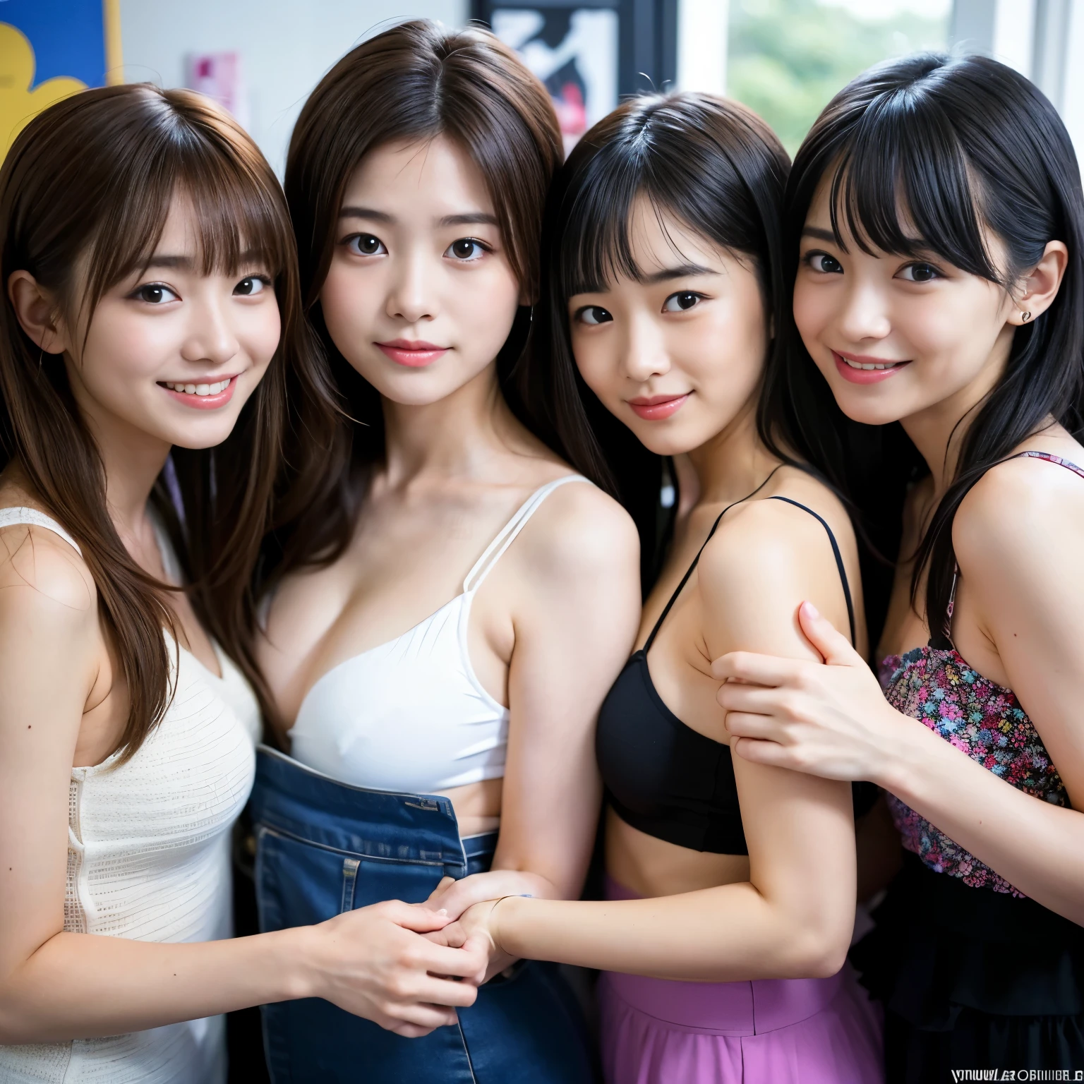 A group of women are striking a pose while happily singing and dancing together, sweating and having fun, They're all smiling and having fun, enjoying the moment. they are Japanese idol,The girls are surrounded by cute and colorful decorations, and they're comfortable and relaxed. They're all good friends,(( They are completely nude)),and they're happy to be spending time together, {{{{arena}}}},idol stage, {{{spot lighting}}}, {{{light from above}}}, {{{{confetti:1.3, motion blur}}}},{{{dutch angle shot}}}, masterpiece, absurdres, best quality, intricate details, best quality, 8k, best aethetic, beautiful art, ultra-detailed,realistic photo,((flat chest:1.1)),((small breasts:1.1)),((All of their chests are very small)),