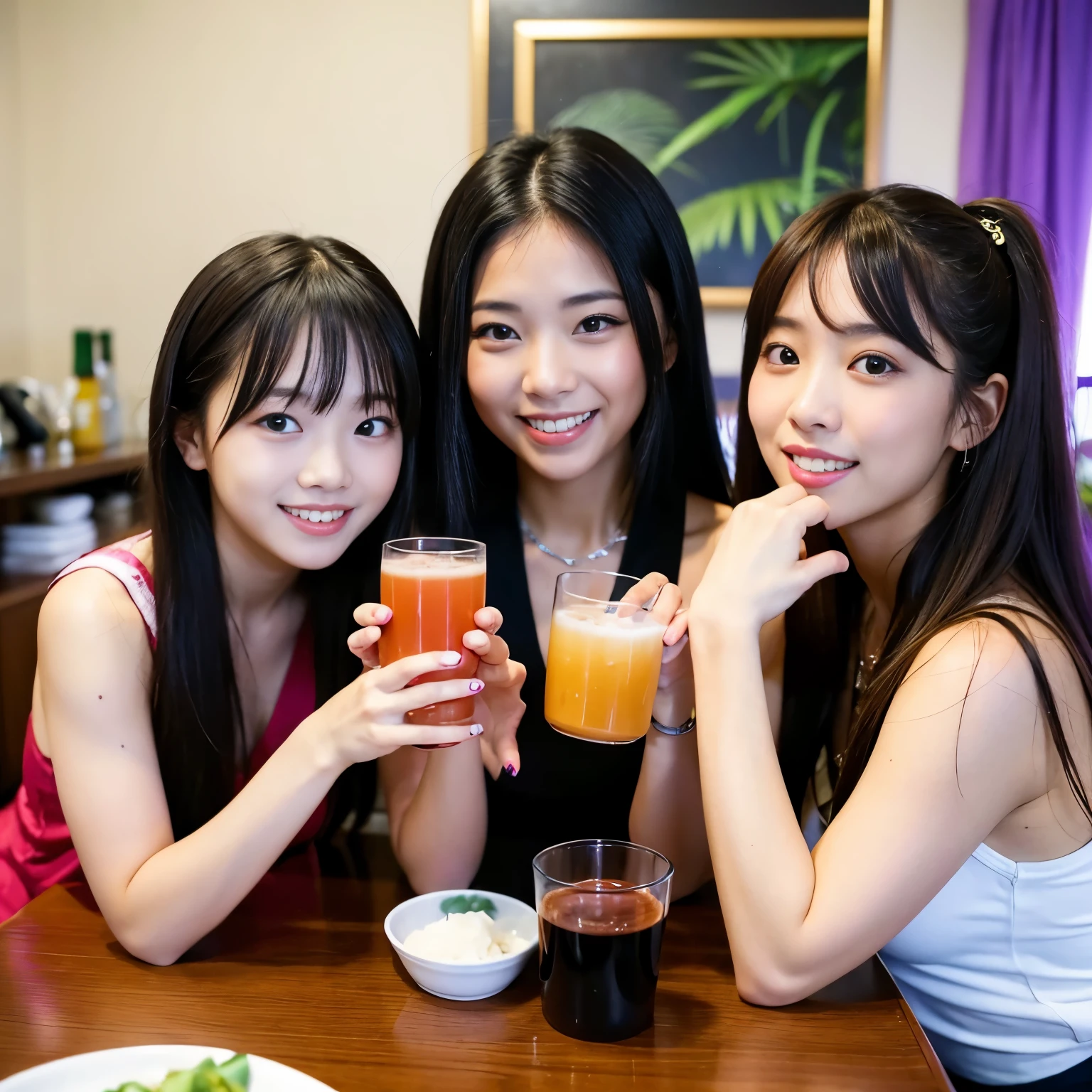 Best-quality, Masterpiece, Ultra-High-Resolution, (Photorealistic:1.4), Raw-Photo, Extremely-Details,
(((photo of 3-girls having a lot of fun at home drinking party))),
They all are members of the most popular Japanese idol-groups and 15-years-old. They all have extremely cute faces and all extremely beautiful big black solid circle eyes. They all have extremely beautiful hair. They all are high on cocaine and wearing clothes with sexy design.