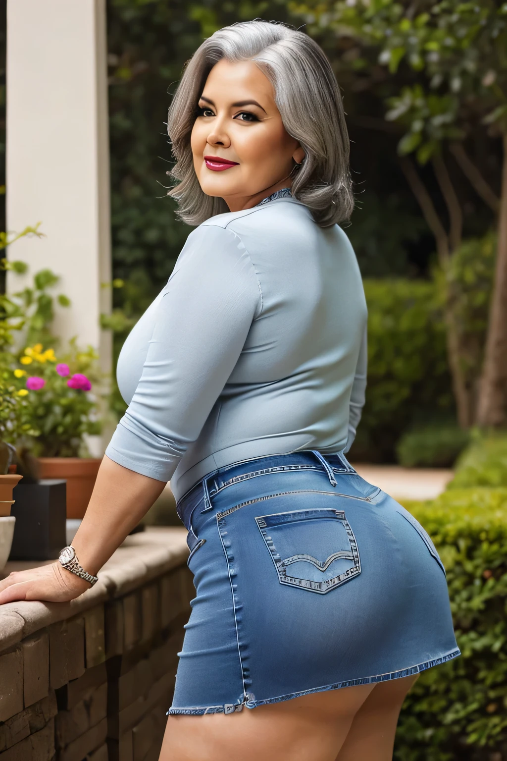 gordo, uma linda mulher de 70 anoaduro), ((vestindo uma linda SAIA JEANS CURTA detalhada)), Realista, Gordinho, rosto liso, Olhos perfeitos, simIt istrico, 8K high definition, incrivelmente detalhado, intricado, elegante, arte de David Kostic e Stanley Lau e Artgerm, pele perfeita, lindo atemporal, gordo, maduro, (Seios enormes:0.8), colares, pulseiras, batom, cabelo grisalho, jardim, Vista lateral, It is