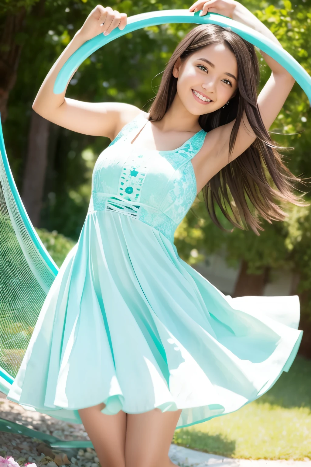 In the enchanting backyard, a radiant girl gracefully moves, twirling a vibrant hula hoop around her frame. Her youthful attire consists of a flowing sundress that echoes the colors of a summer meadow, while her ebony locks, cascading down her shoulders, add a touch of whimsy. With each spin, her joyous laughter fills the air, captivating the hearts of those who behold this delightful scene.