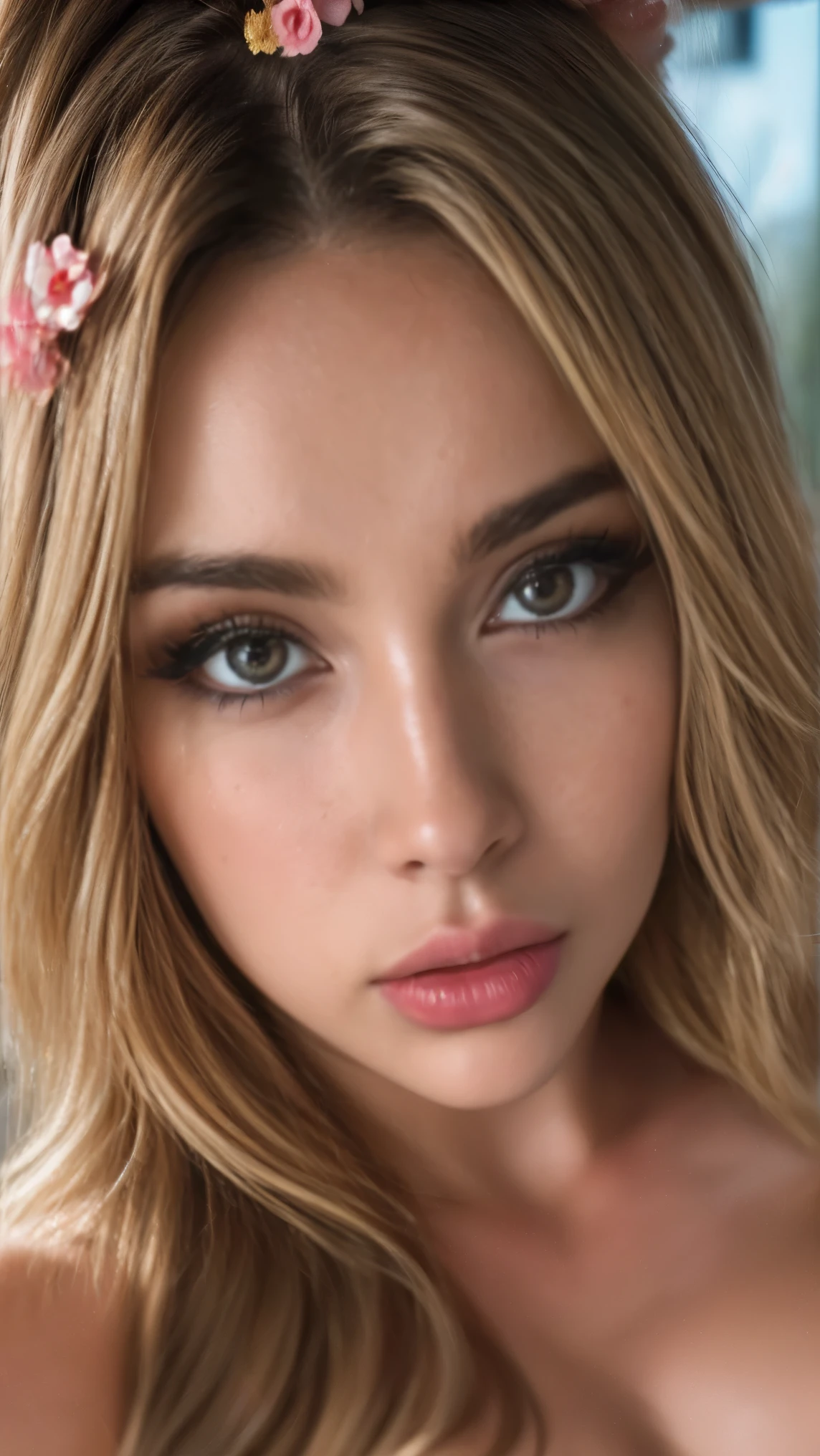 (((Ultra-realistic))), (artistic realization), (ultra-detailed face and eyes: 1.4), 1 girl, (blonde) , (naked) , (very long hair) , Wavy hair, Detailed eyes, (large detailed lipakeup, (Natural breasts). (((She lieany sakura flowers around, view from above, close-up, close to the camera)) , pink atmosphere frame, (ultra detailed)